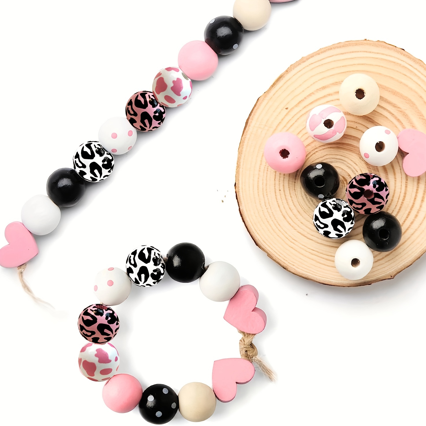 Cute Cow Leopard Print Beads White Black Wooden Round - Temu