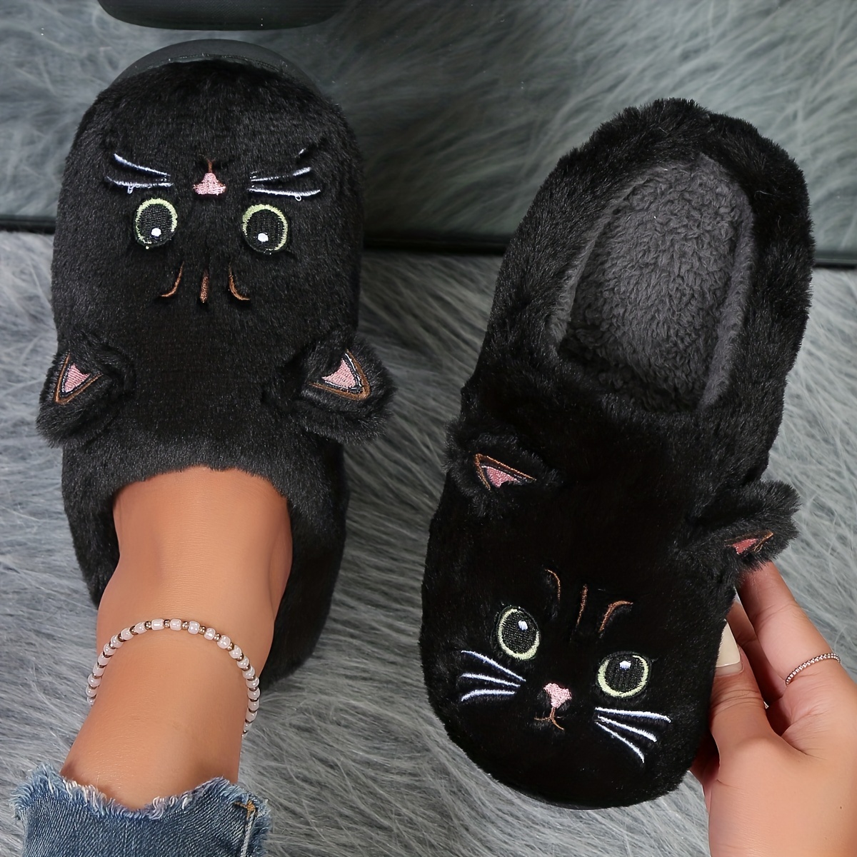 Cat Fuzzy Slippers Cute Cartoon Creative Closed Toe Soft - Temu