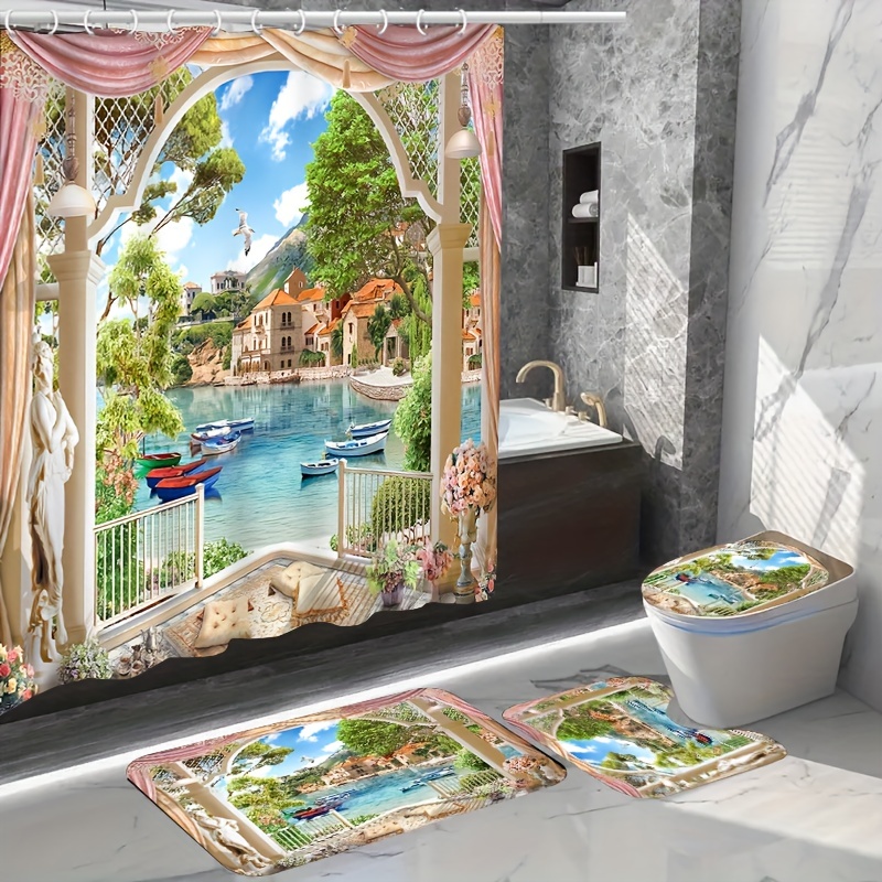 

1pc/3pcs/4pcs Oil Painting Shower Curtain, Bathroom Mat, U Rug And Lid , Bathroom Decor