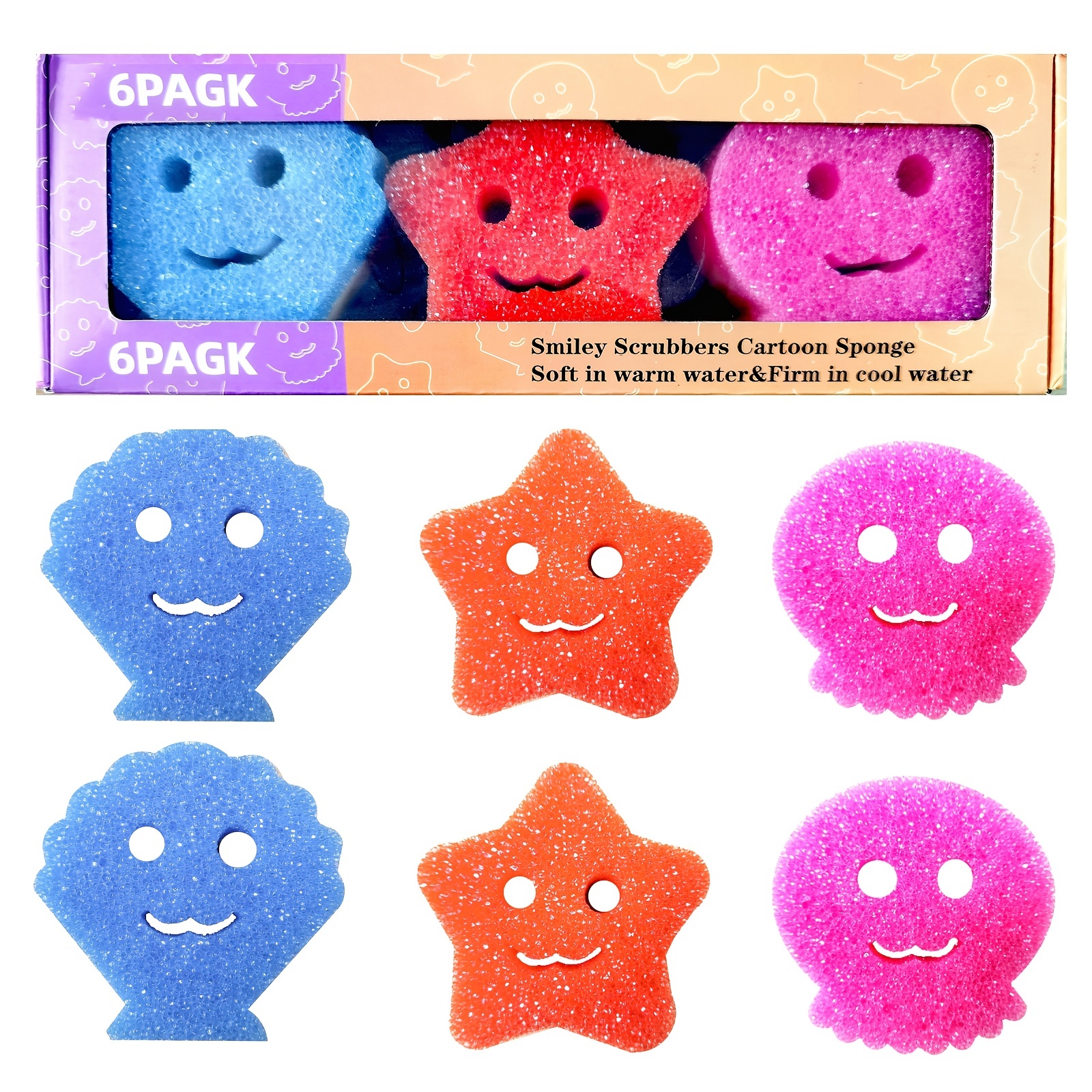 1box 6pcs Cartoon Smile Scrub Sponge | Temperature Sensitive | Scratch Free