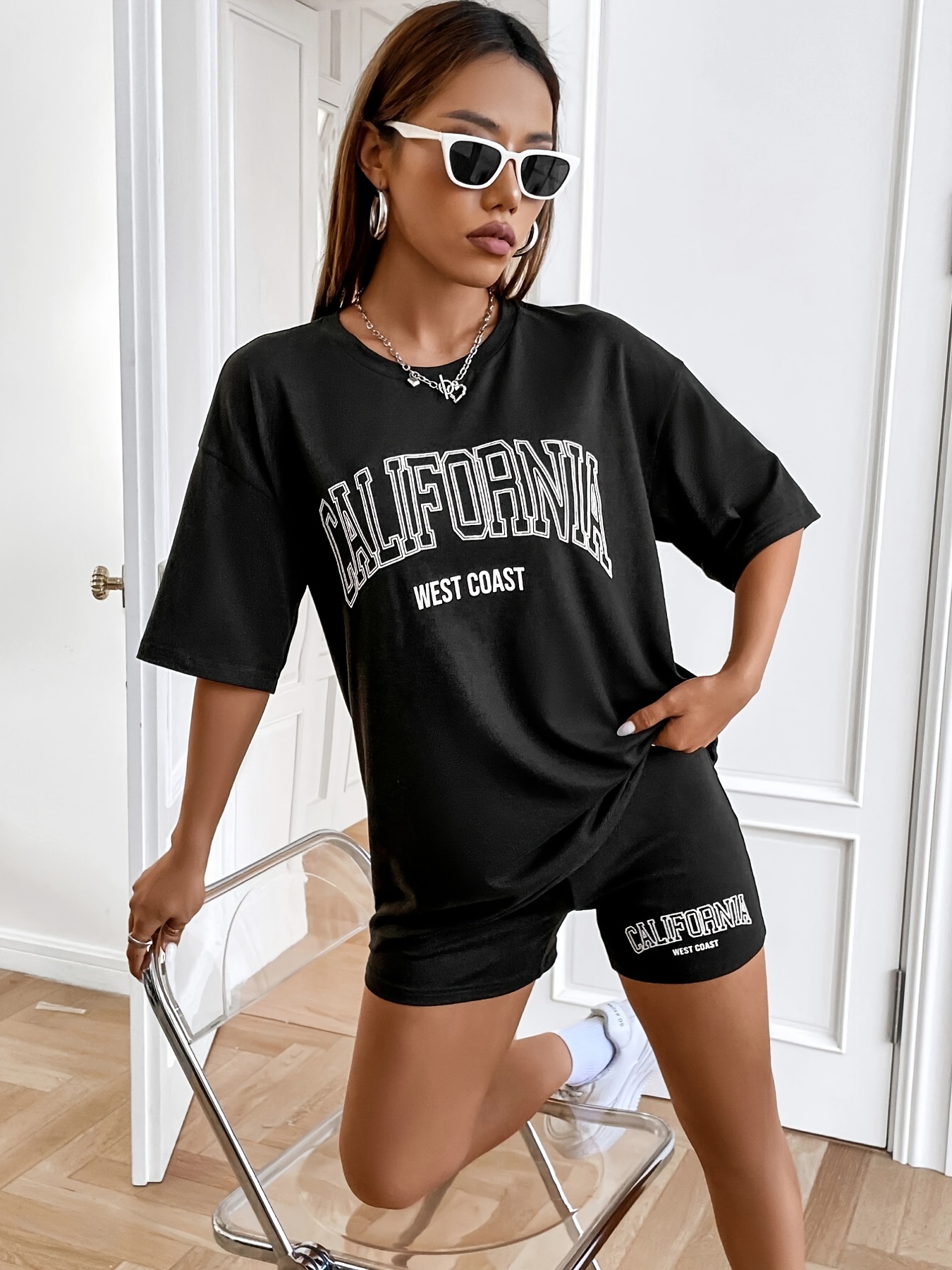 Women Two Piece Summer Sets Crew Neck Oversized T Shirts Tops