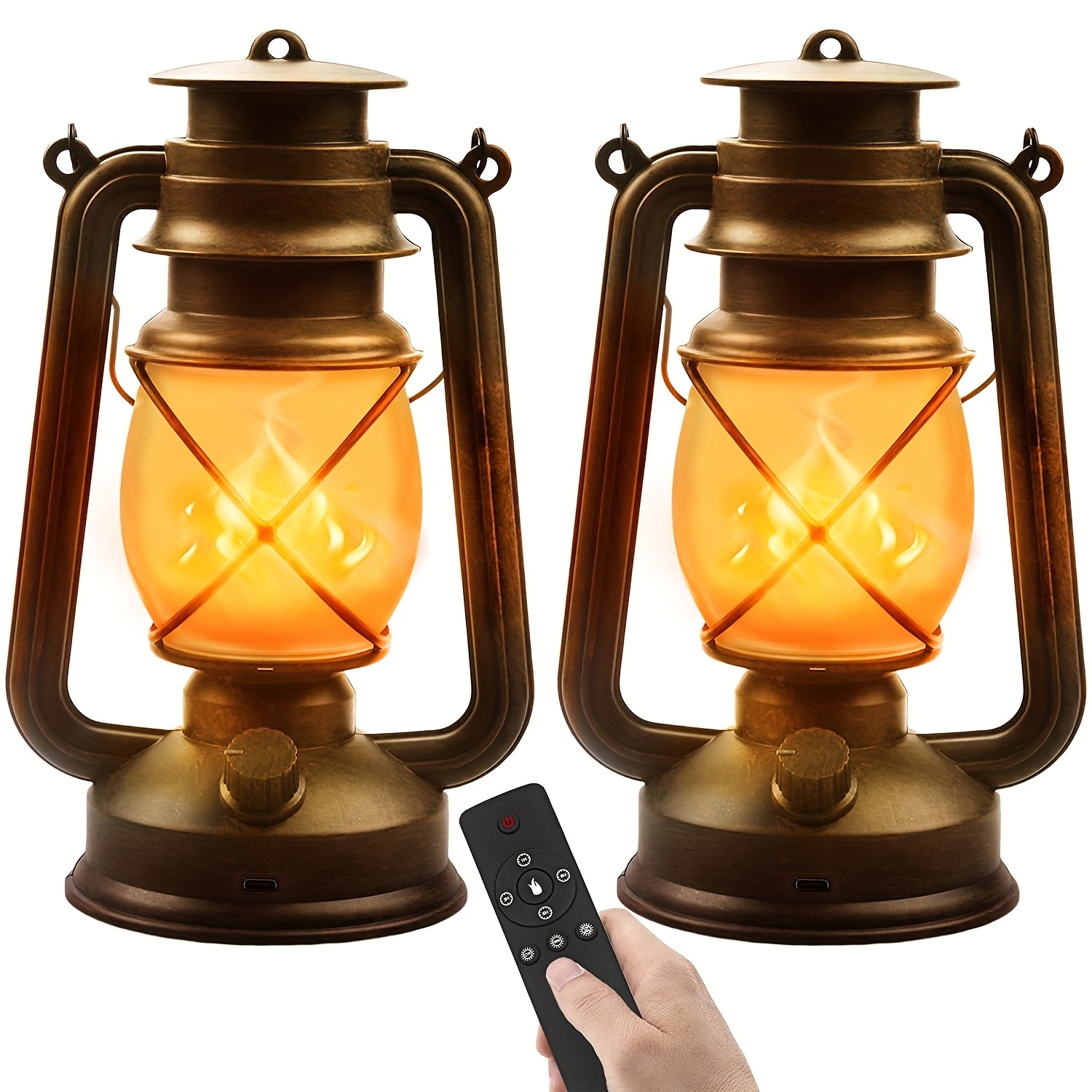

2pack Flame Retro Lanterns, Led Battery Powered Camping Lamp Outdoor Hanging Lantern Flickering Flame Rechargeable Retro Lanterns Remote Control 4 Modes Light Non-solar