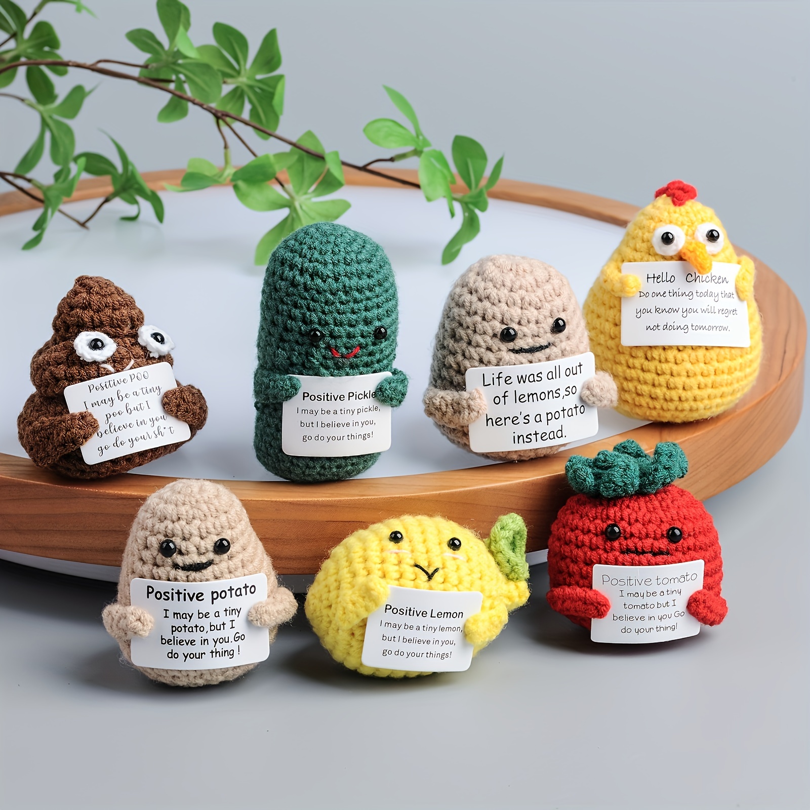 Mini Funny Positive Potato with Wood Base, 3 inch Knitted Potato Toy with  Positive Card Creative Cute Wool Positive Potato Crochet Doll Cheer Up  Gifts