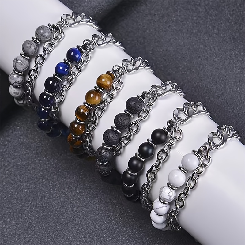 Men's Map Stone & Tiger Eye Stone Bracelet Set