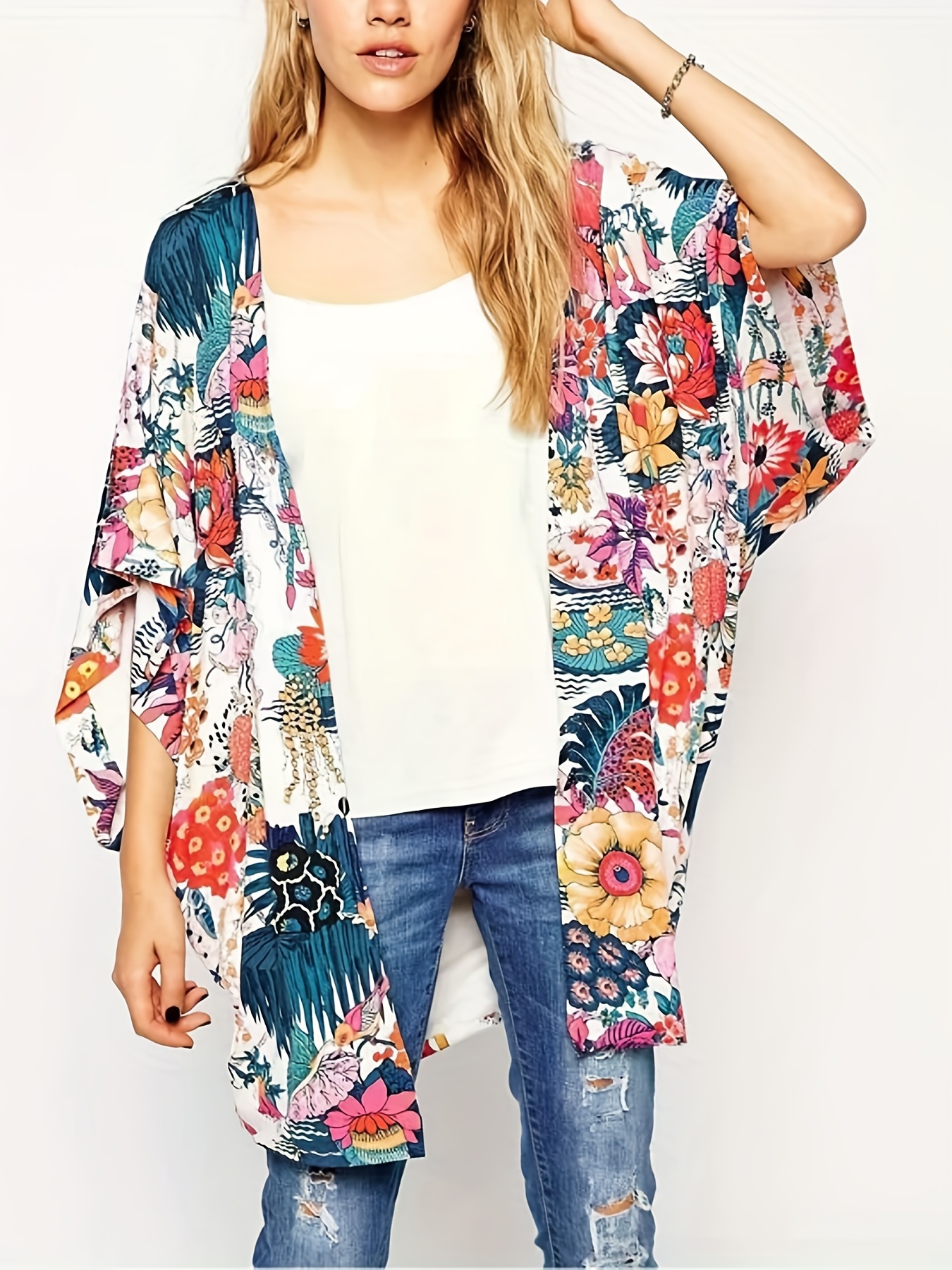 Women's Bohemia Floral Cover Up Coat Cardigan Kimono Sleeve Beach