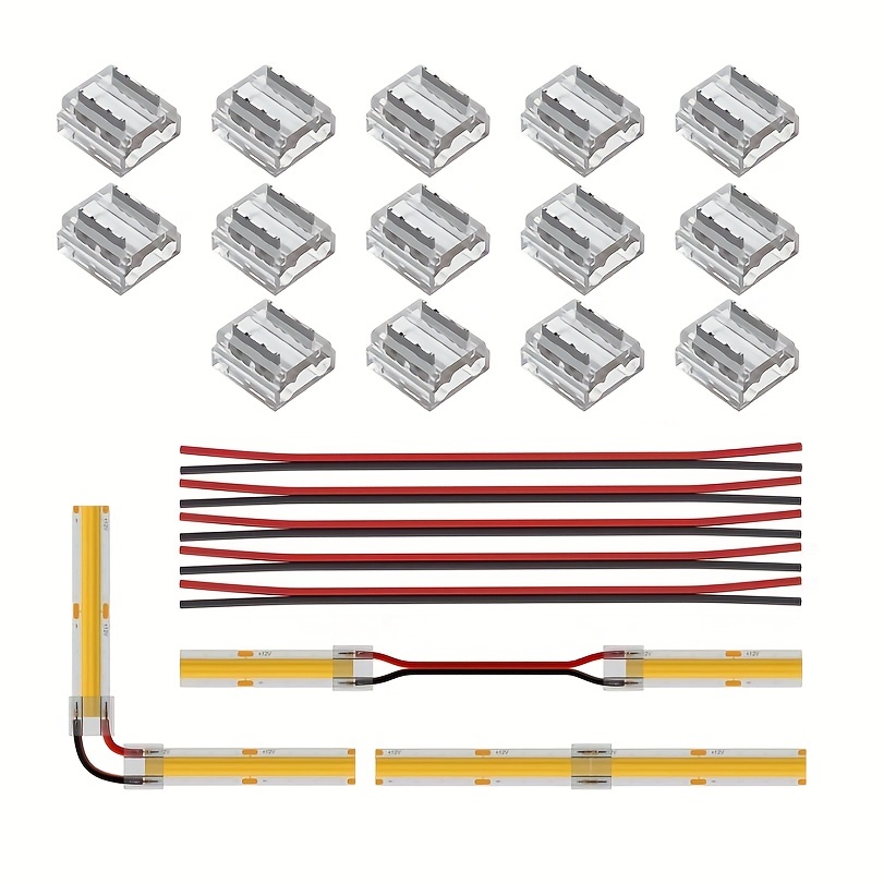 

Fcob Cob Smd 8mm 10mm Connector Kit, 14pcs Transparent Connector, 5pcs 15cm Long 20awg Extension Wires For Non-wired Gapless Solderless, Fcob 2 Pin V+ V- Single Color Strip Corner Connection
