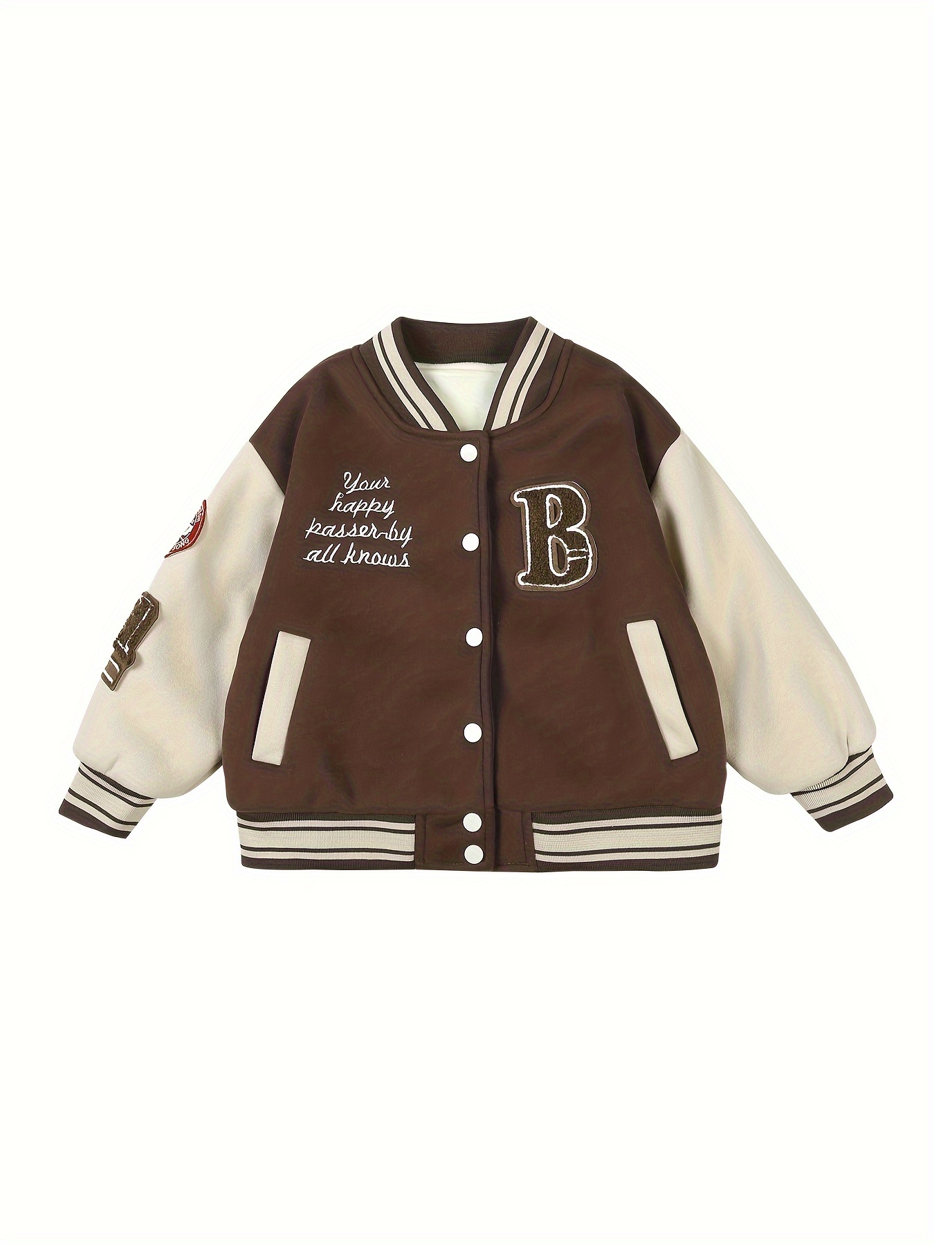 Varsity Bomber Jacket - Embroidered Letterman Jacket, Brown