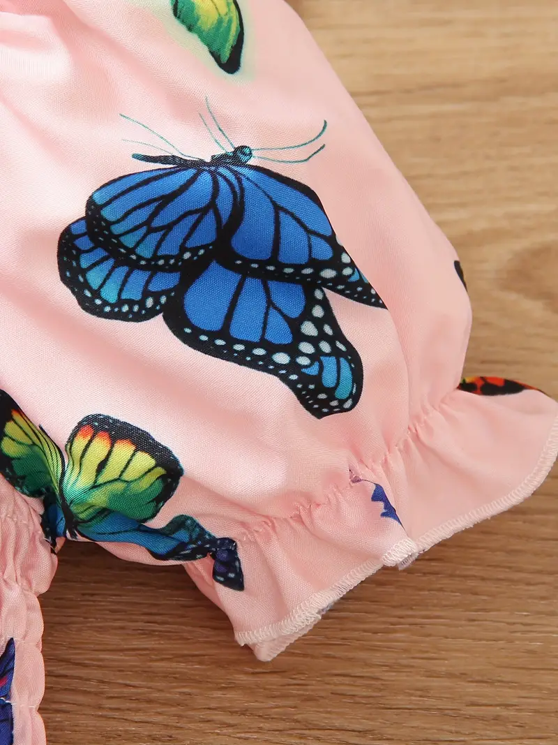 toddler girls puff sleeve frill trim shirred colorful butterfly graphic princess dress for party beach vacation cute romantic kids summer clothes details 21