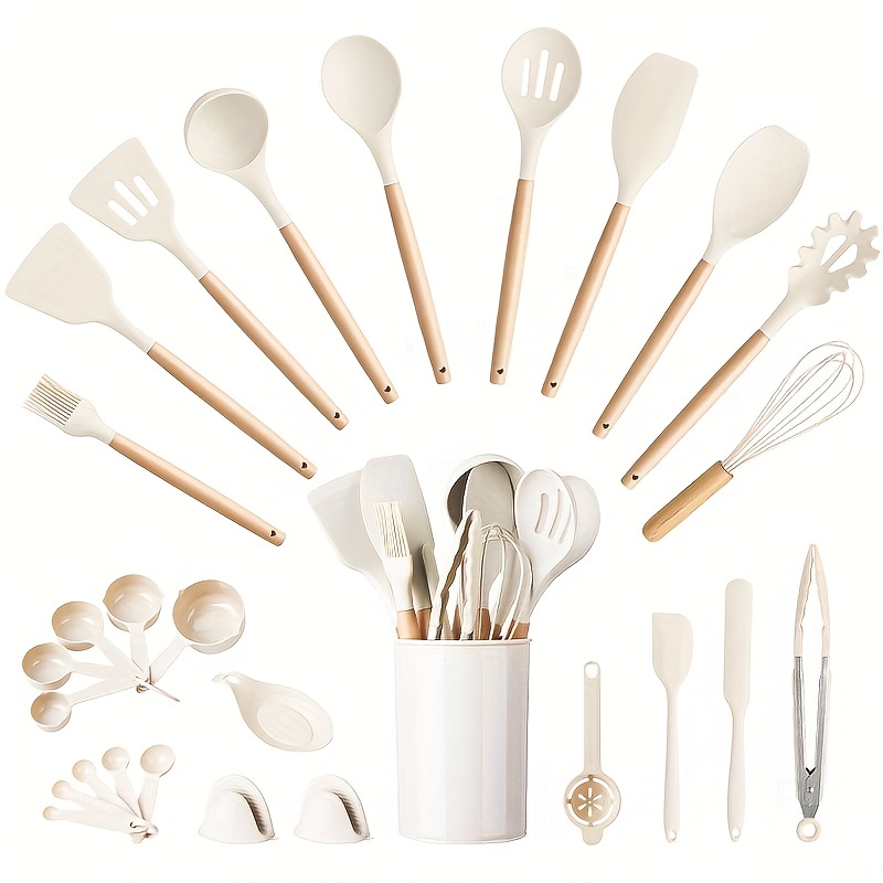 Non-stick Silicone Utensil Set With Wooden Handle - Perfect For