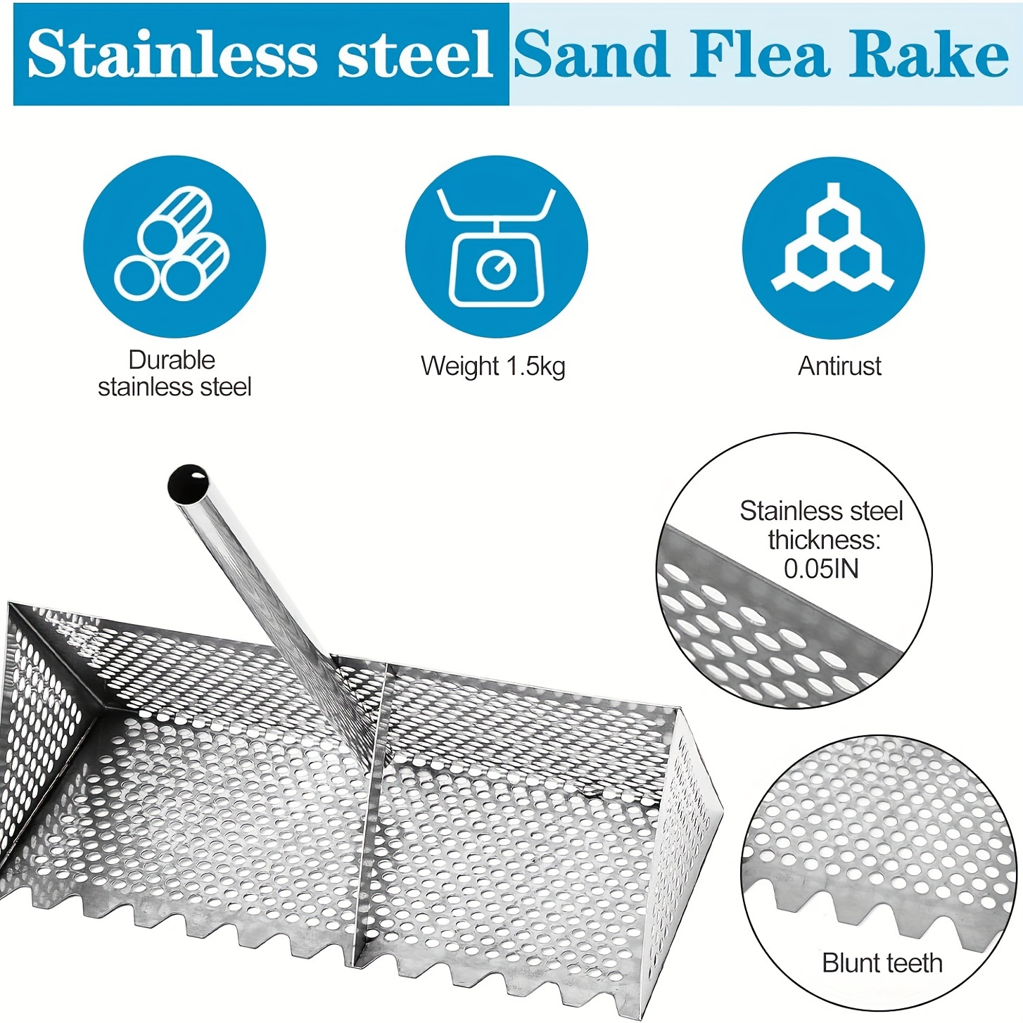 Sand Fleas Rake, Stainless Steel Sand Sifter, Detachable 47 Inches