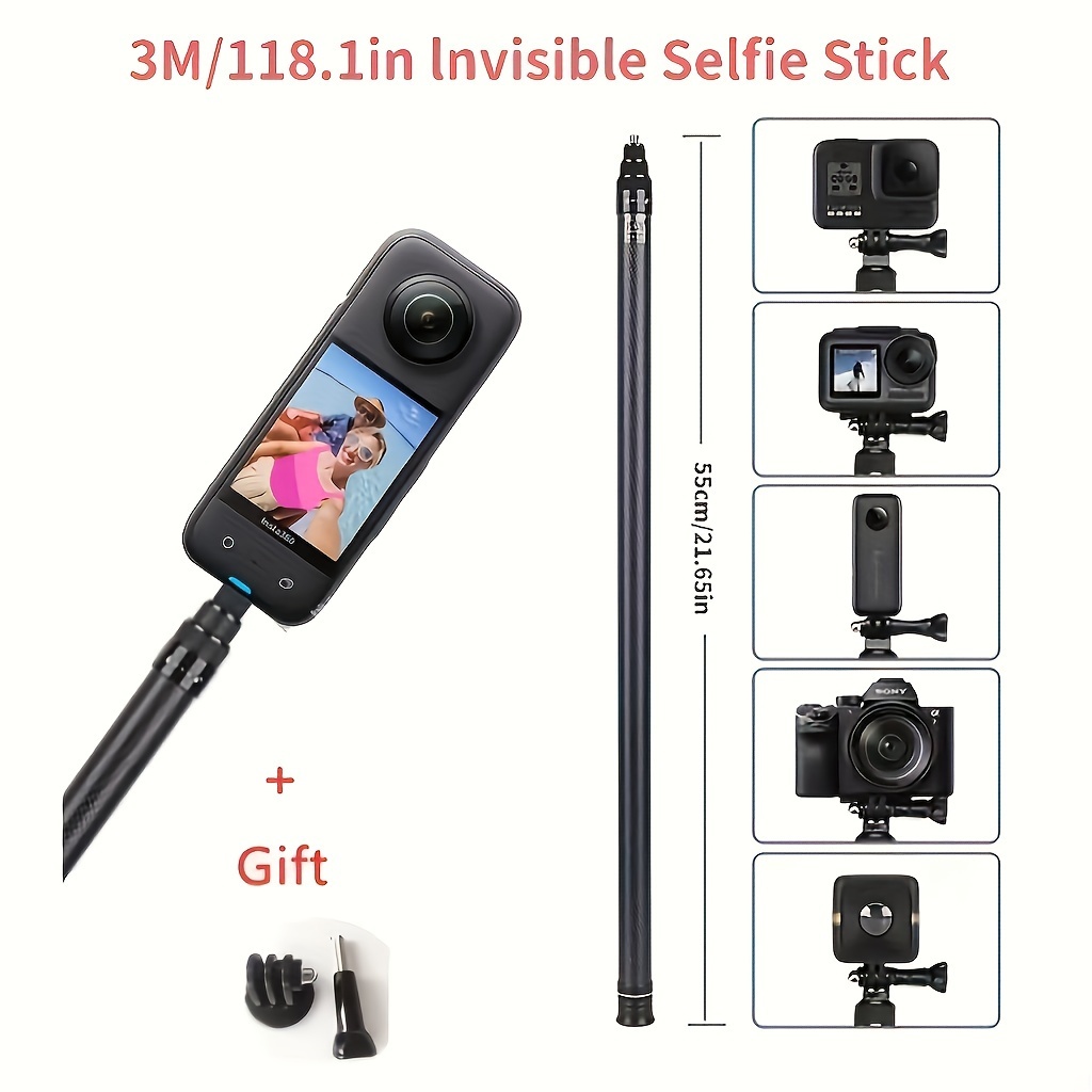 3m Carbon Fiber Selfie Stick Adjustable Extension Pole For Insta