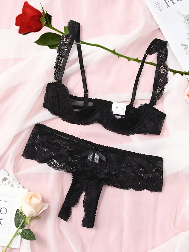 Sexy Floral Lace Lingerie Set Open Bust Bra Crotchless - Temu