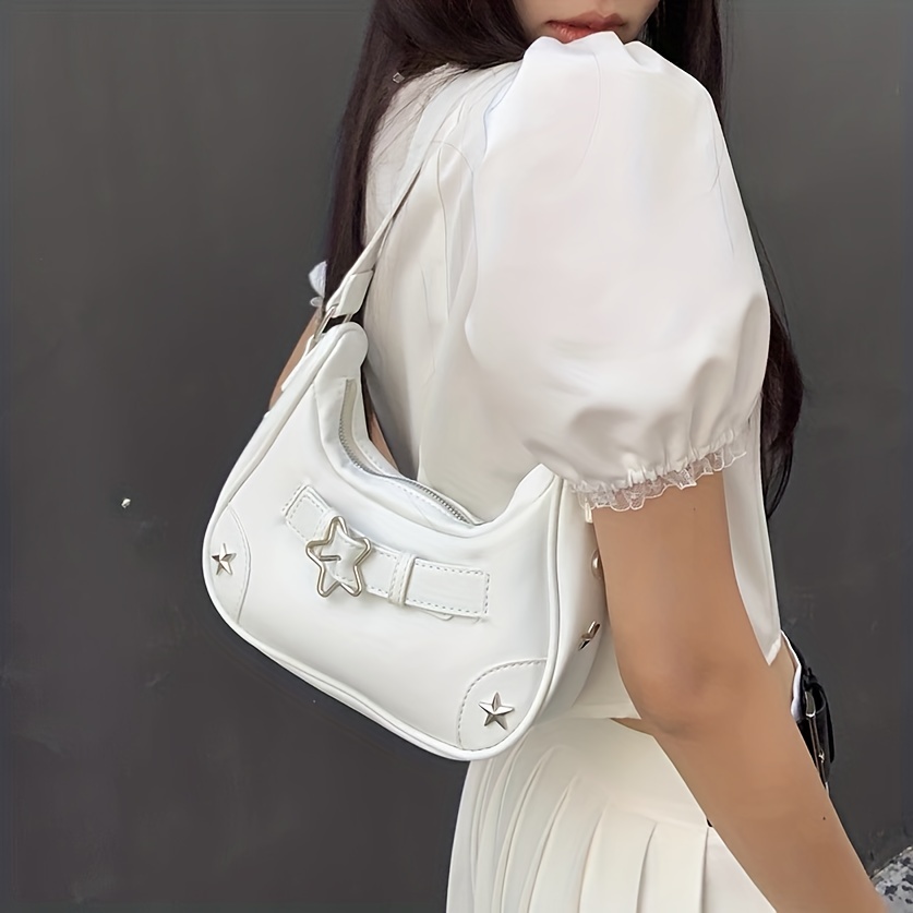 Star Pattern Zipper Underarm Bag, Pu Leather Y2k Style Shoulder