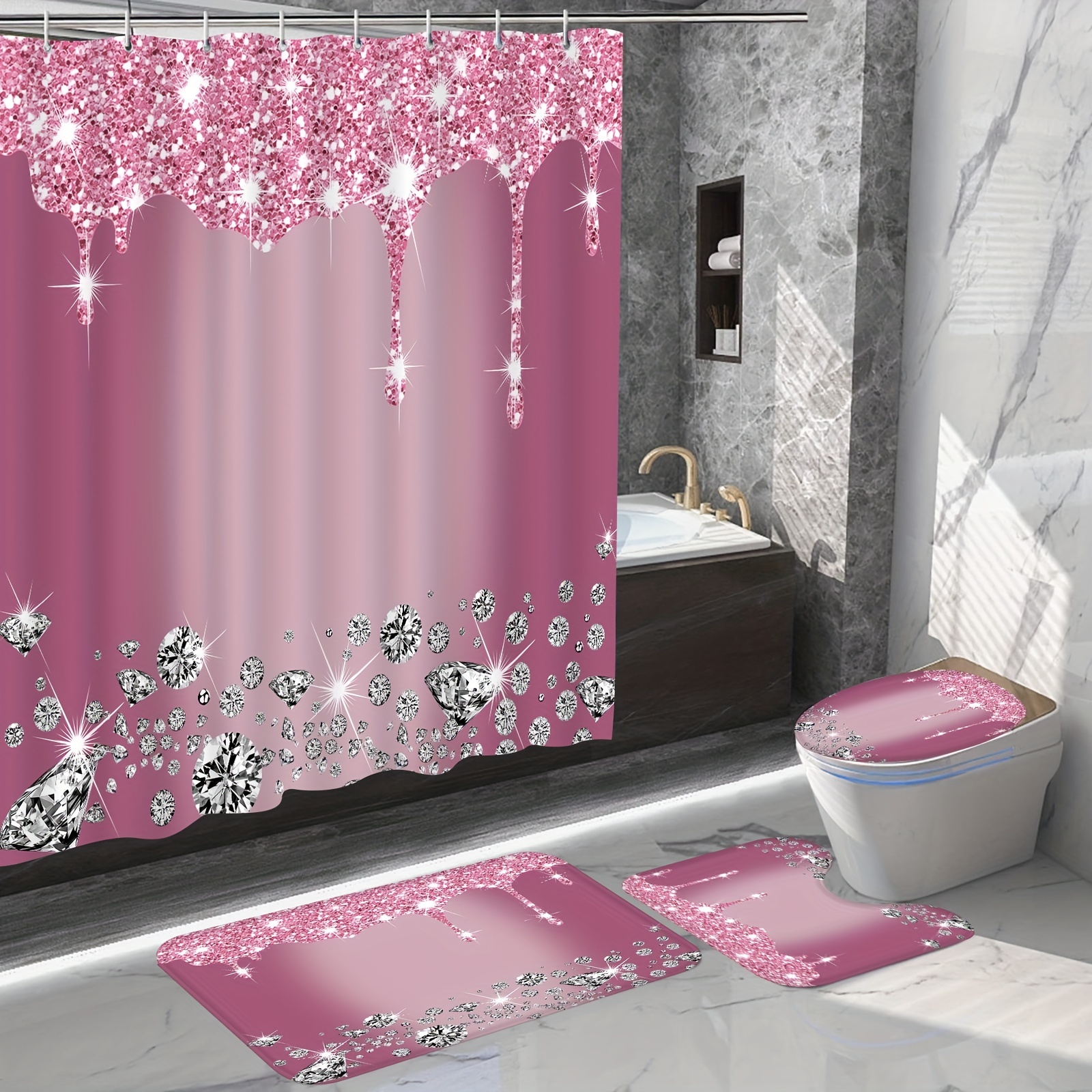 Juego de 4 cortinas de ducha con diamantes brillantes, con ribete de baño  rosa brillante, alfombra y asiento de inodoro, cortina de baño moderna y col