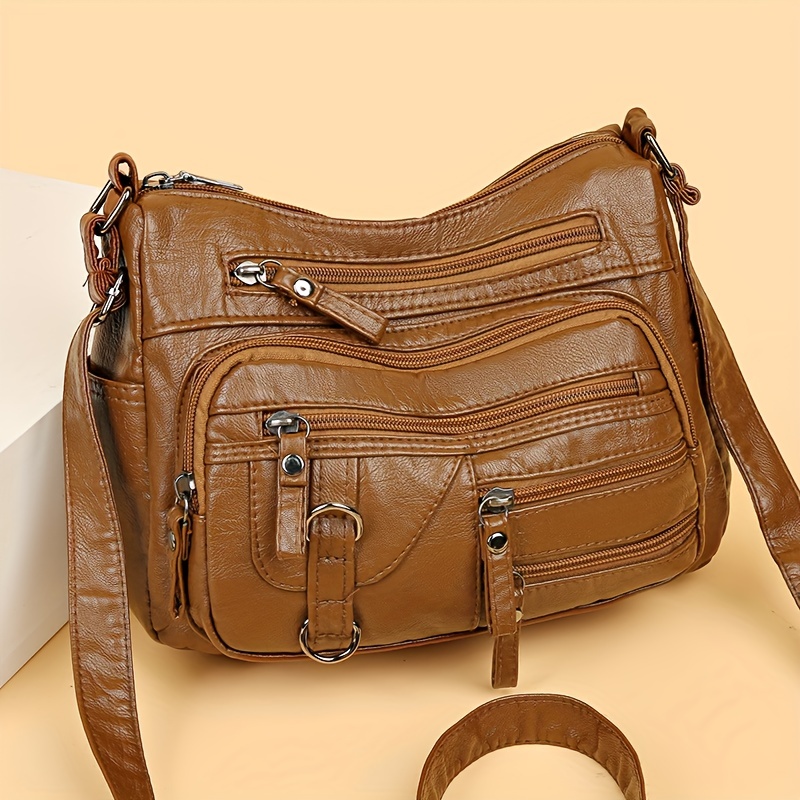 Braid Embossed Faux Leather Multi-pocket Bag, Solid Color