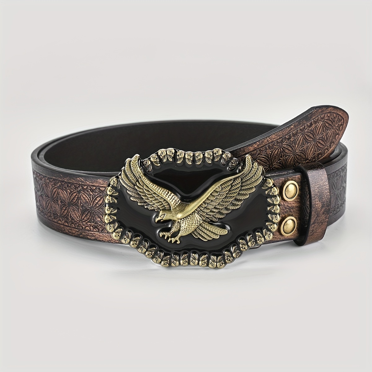 Unisex Brown Leather Belt with Mexican Eagle Rhinestone