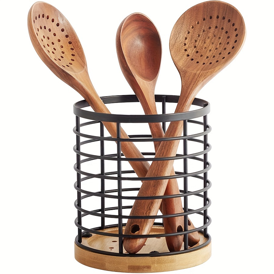 

1pc Utensil Crock, Vertical Cutlery Holder, Multi-functional Storage Rack, Large Round Wooden Base, For Knife, Fork, Spatula And Spoon, 5.2x6.0inch, Kitchen Organizers And Storage, Kitchen Accessories