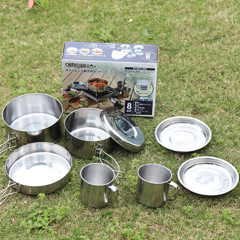 Kit de platos de camping de acero inoxidable, utensilios de camping con  tazones, tazas, cubiertos para 1-2 personas para mochileros, senderismo