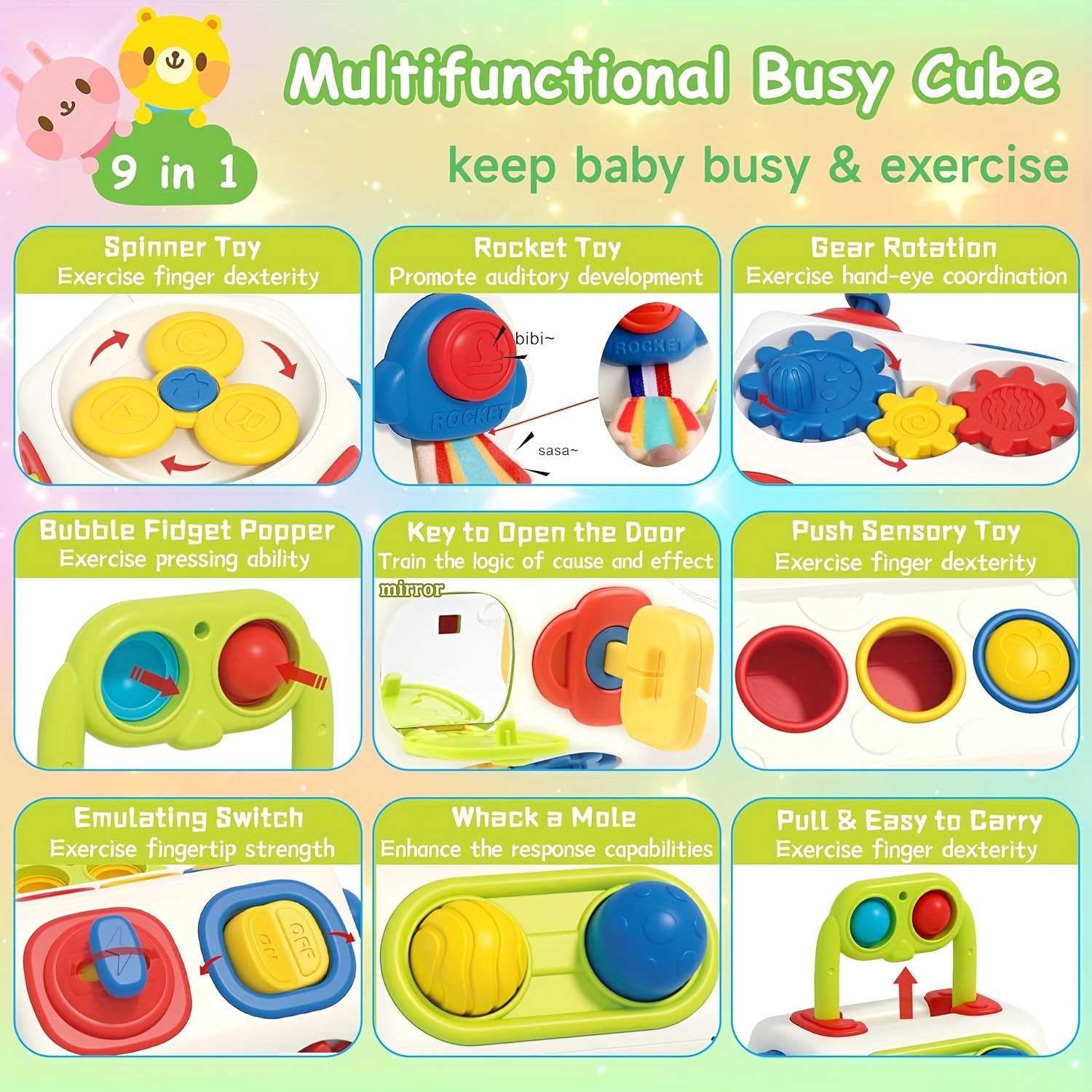Toddler Toys Busy Board, Montessori Toys Sensory Toys for Toddlers 1-3 with  Light Up LED Buttons Pluggable Wire Wooden Toys, Baby Toys Travel Toys