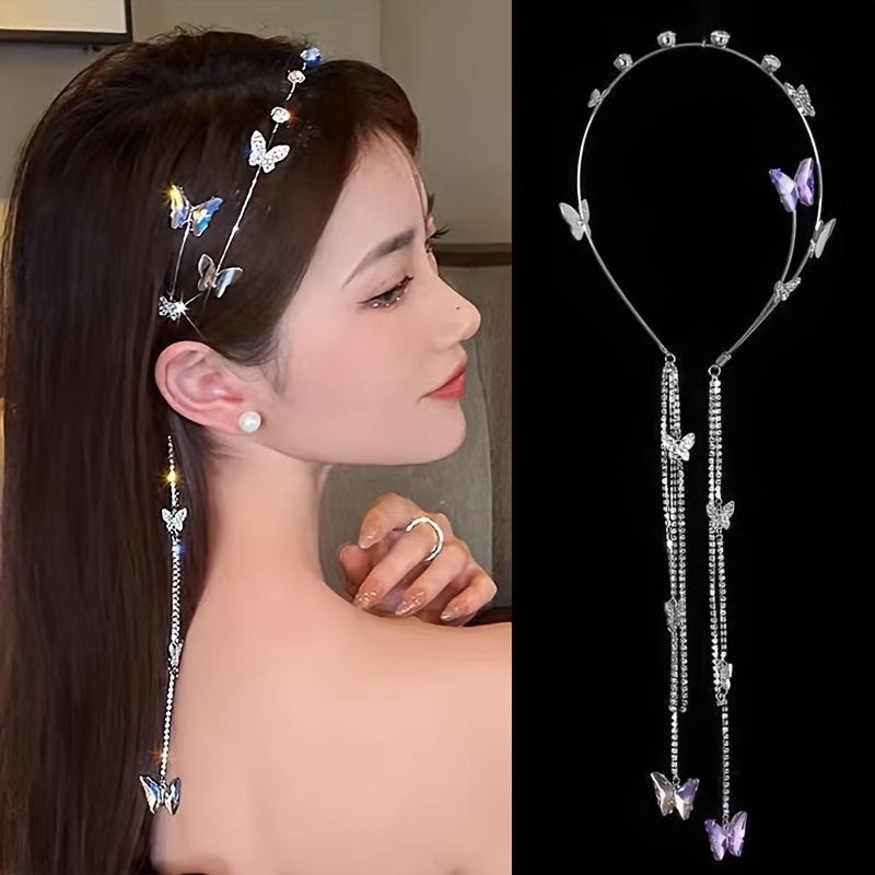 

Elegant Butterfly Sparking Rhinestone Decorative Head Band With Tassel Vintage Hair Band For Women And Daily Uses Party Banquet