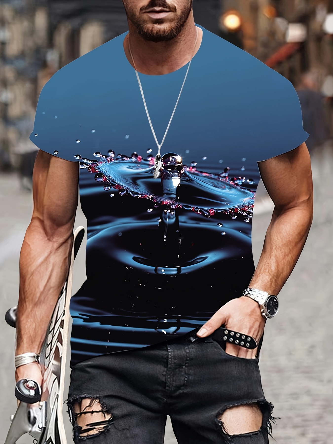 Water Drop Pattern T shirt Men's Casual Street Style Stretch
