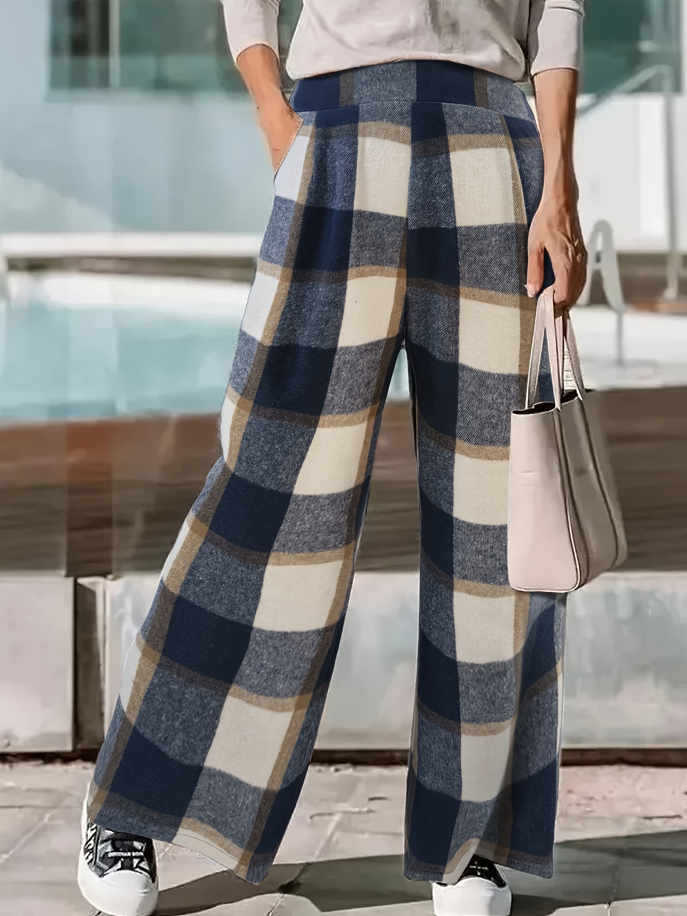 Women's Casual Pants, Plus Size Plaid Print Wide Leg Loose Trousers With  Pockets