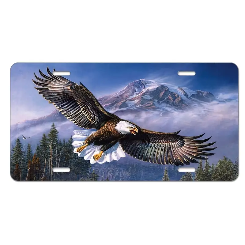 1pc bald eagle flying in the sky front license plate cover mountain snow trees wings decorative license plates for aluminum auto car tag 6x12 inch details 1