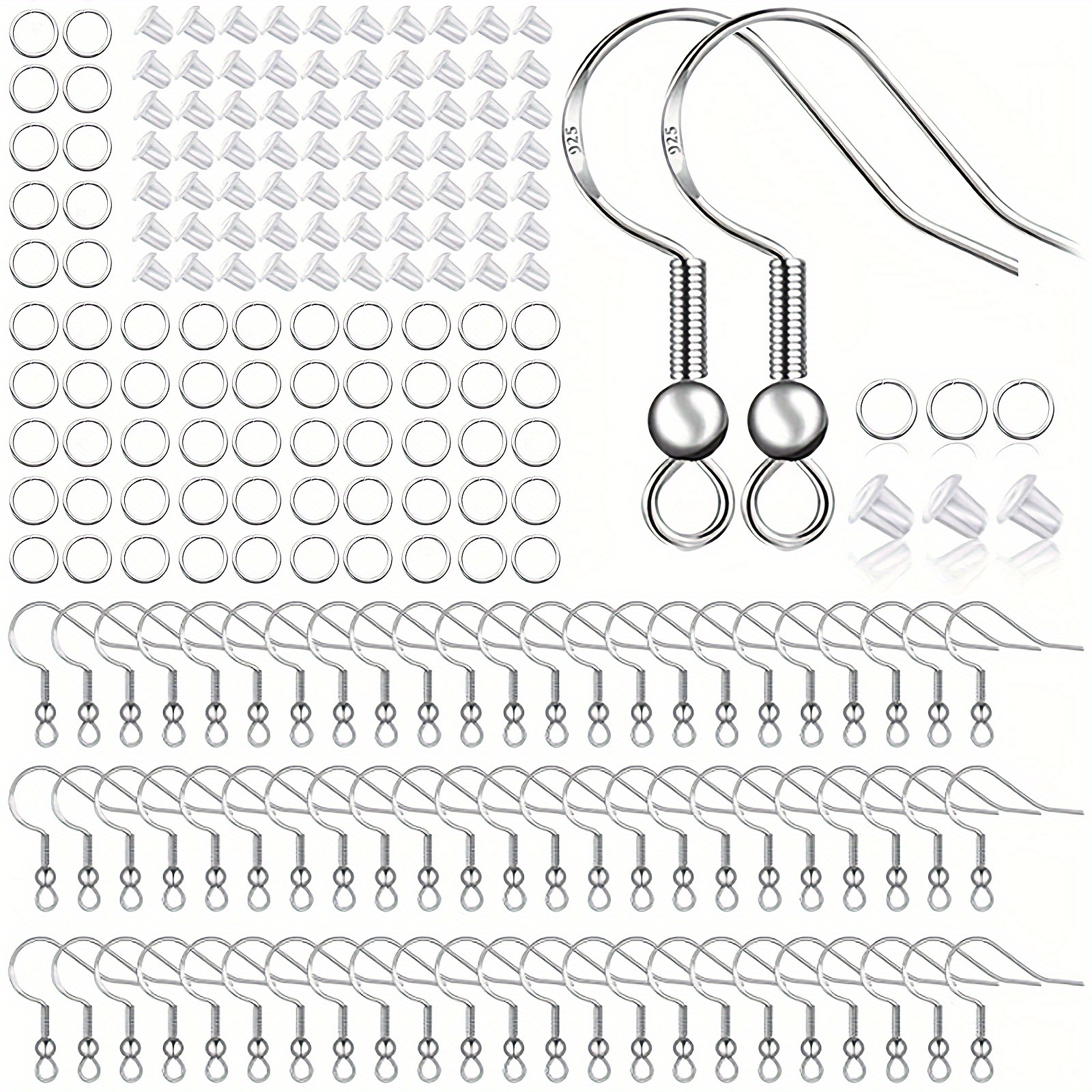 

400pcs Hypoallergenic Earring Making Kit, With 100 Pcs/50 Pairs 925 Sterling Silver Ear Wires Fish Hooks, 100pcs Jump Rings And 200pcs Clear Silicone Backs Stoppers (silver)