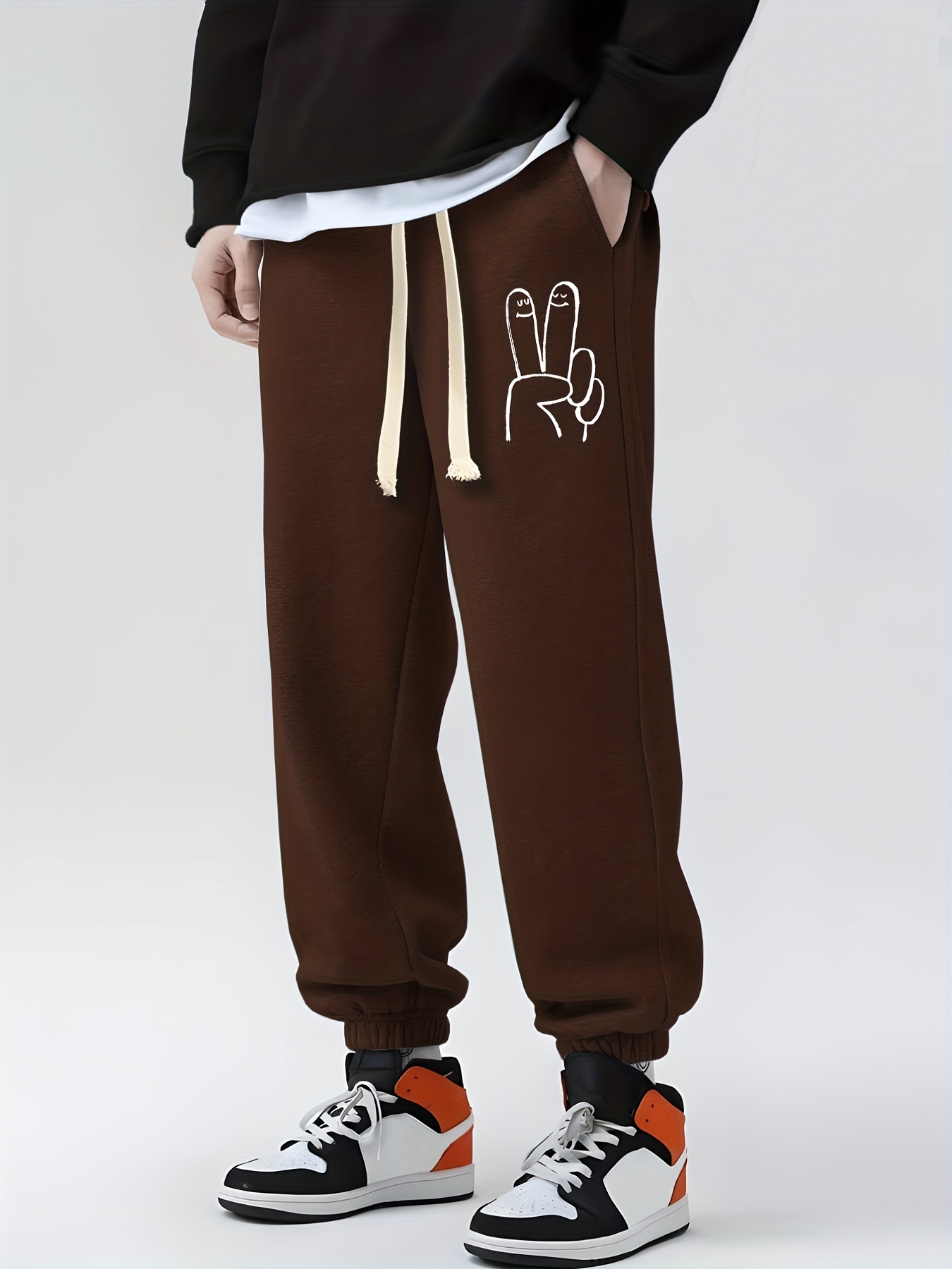 V sign Print Men's Sweatpants Casual Drawstring Jogger