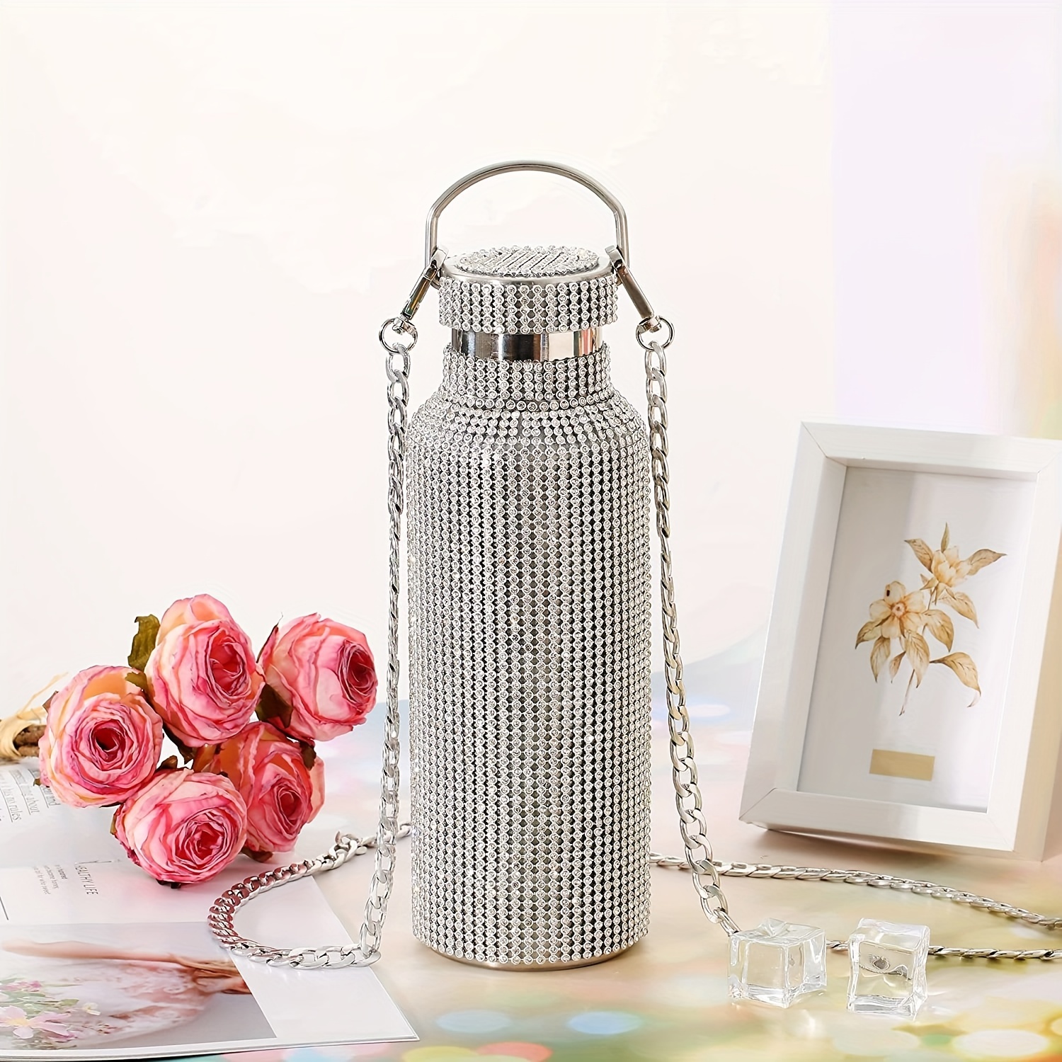 1pc 18oz Rhinestone Water Bottle – Stainless Steel Glitter Insulated Vacuum Flask – Sparkling Thermal Bottle With Chain – Hot & Cold Beverages Thermocooler