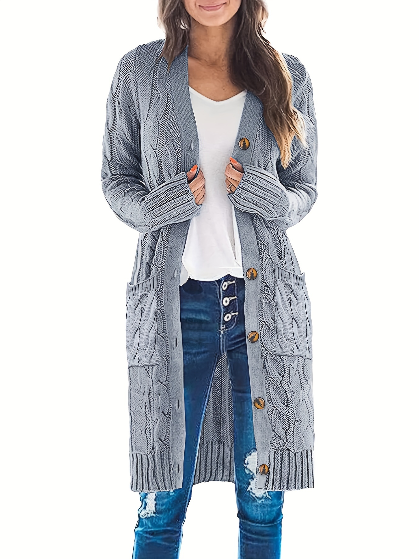Cable Knit Oversized Cardigan Long Sleeve Button Casual - Temu
