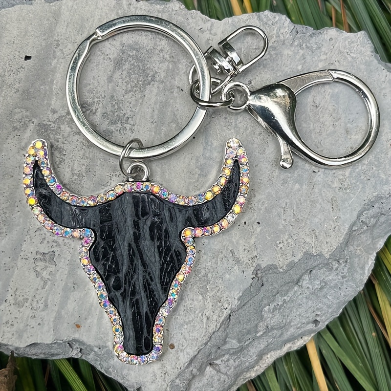 RHINESTONE COW SKULL KEYCHAIN WITH TASSEL