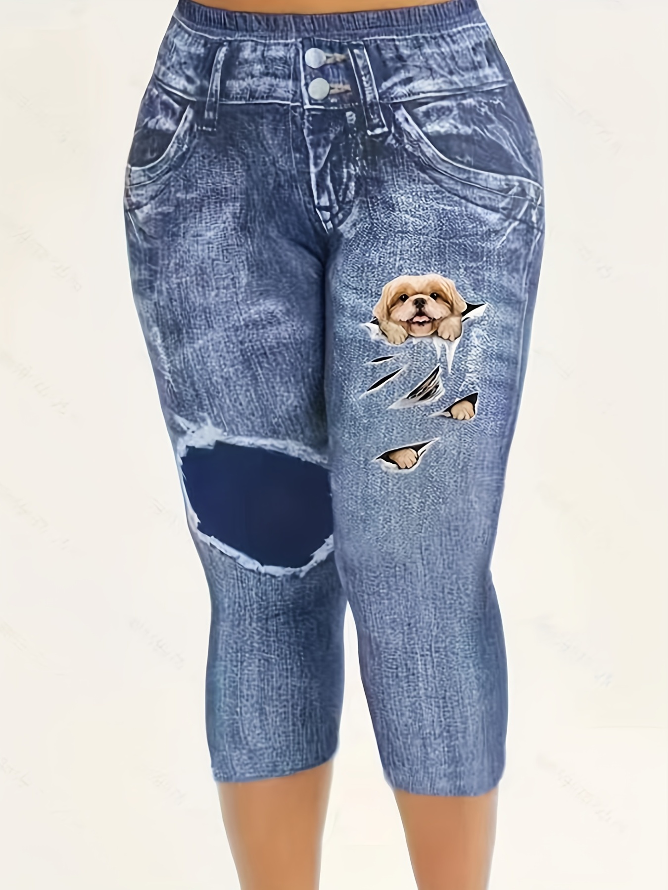 11% OFF ] 2024 Plus Size High Waist 3d Denim Print Capri Skinny Leggings