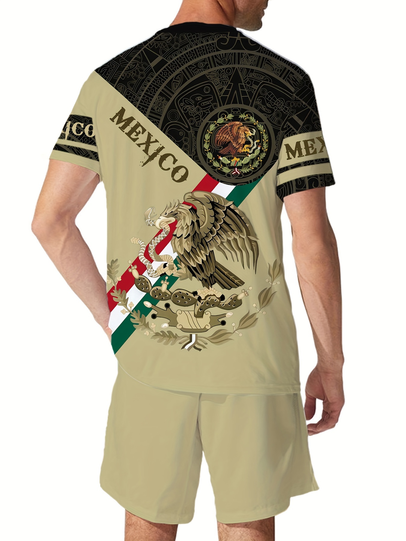 Mexico Eagle Pattern Men's 2 Piece Short Sleeve T-shirt & Shorts Set