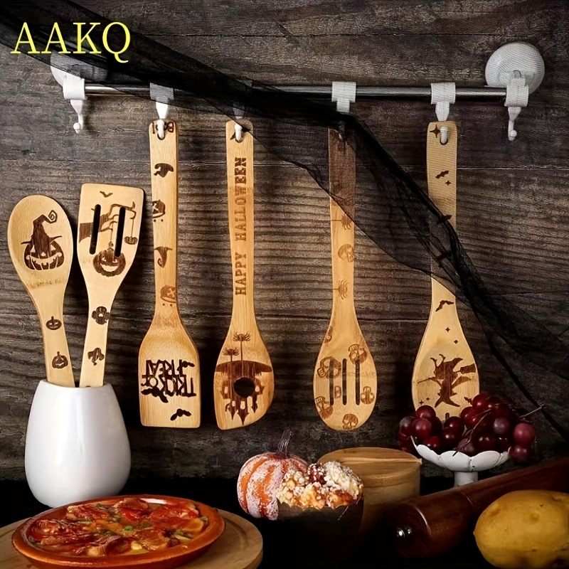 Nightmare Before Christmas Gifts-5 Pcs Wooden Spoons for Cooking Utensils  Set,Nightmare Before Christmas Halloween Decorations,Wood Kitchen Utensils  set for Halloween Gifts Nightmare spoons 