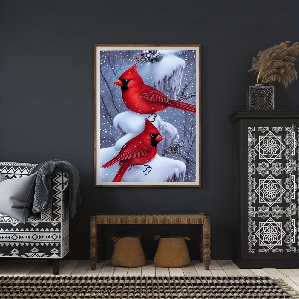 5D Red Cardinal Bird Diamond Painting DIY Kit, 3030cm/11.8inx11.8in,  Christmas Winter Round Canvas Diamond Art 