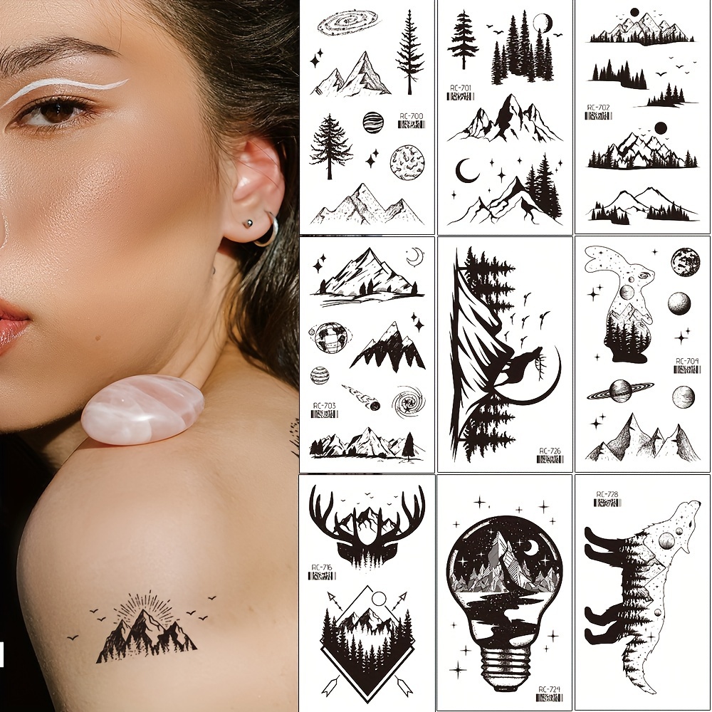 28 Sheets Small Geometry Black Mountain Temporary Tattoos ,animal