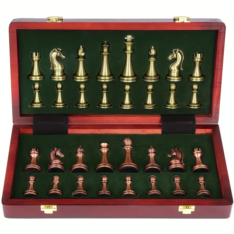 

30x30cm (11.8inch) Solid Wooden Foldable Chessboard, Zinc Alloy Bronze Metal Pieces, Christmas Entertainment Game Gift