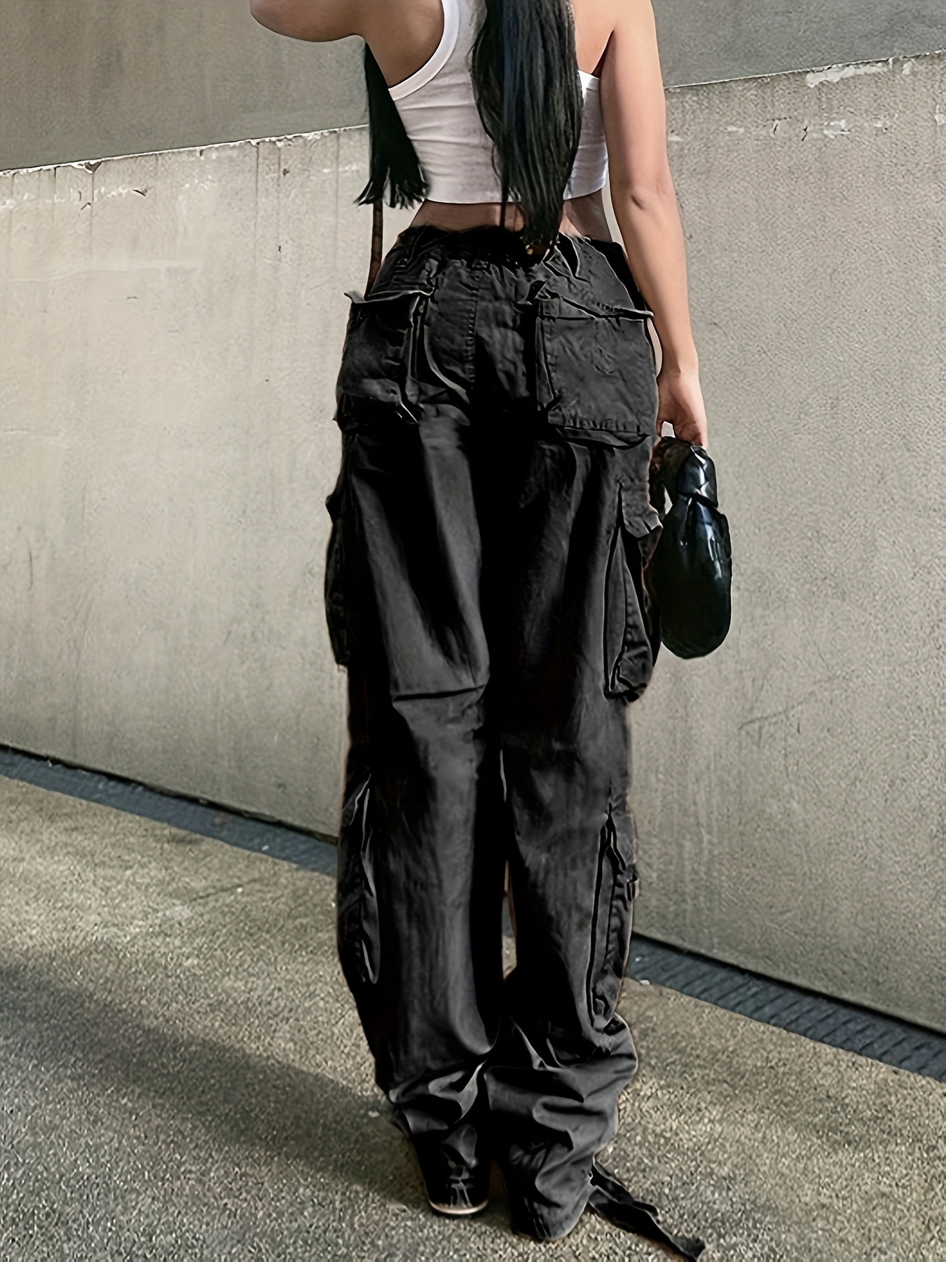 Black Flap Pockets Cargo Pants Loose Fit Wide Legs Baggy - Temu