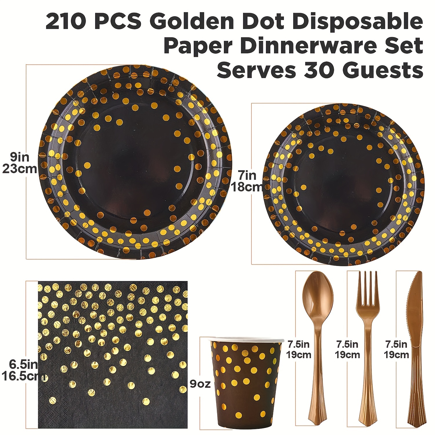 NOCCUR 210 platos negros y dorados, platos y servilletas negros y dorados,  suministros de fiesta que incluyen 30 platos de cena, 30 platos de postre