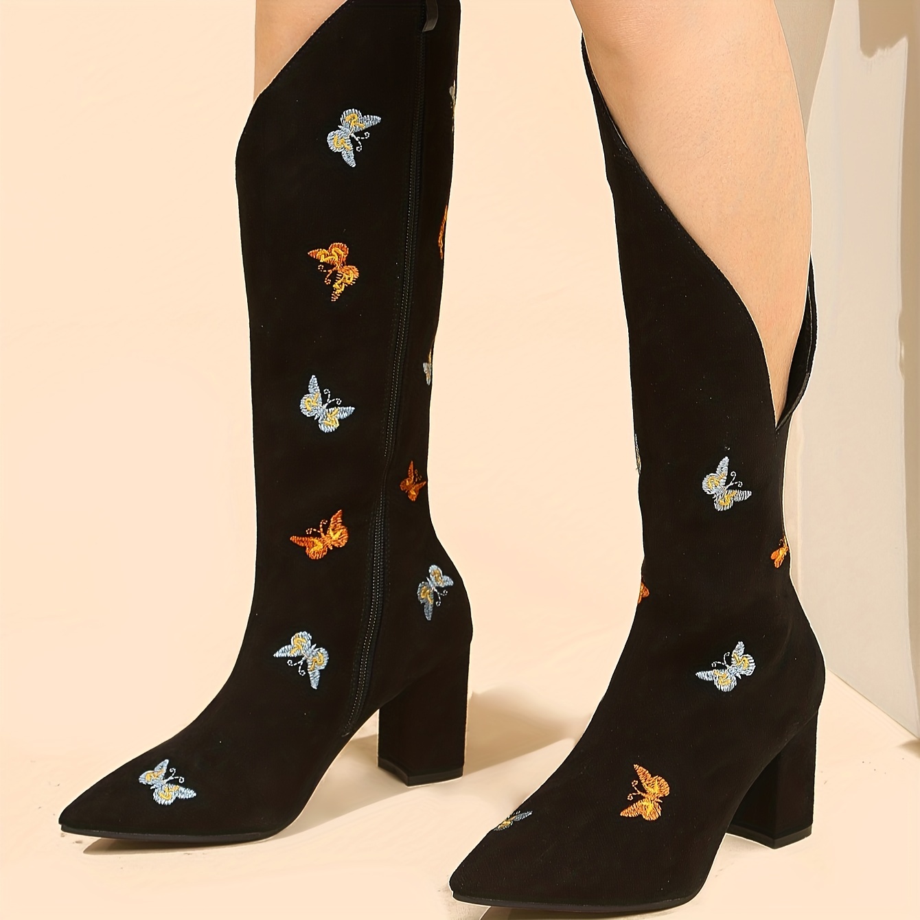 Women's Embroidered Butterfly Block Heeled Boots Fashion - Temu Canada