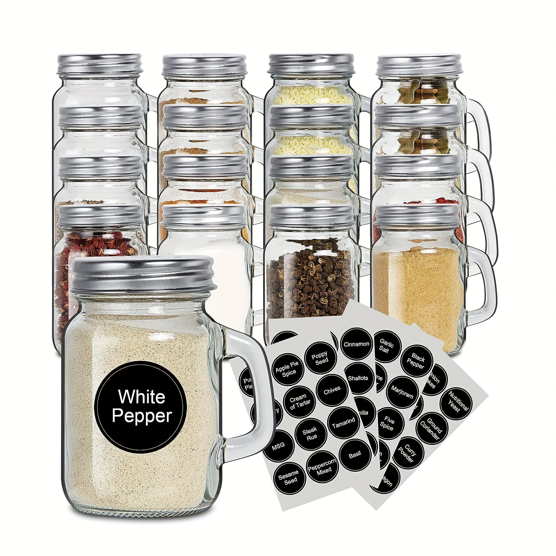 Glass Spice Jars With Spice Labels Set, Empty Spice Containers