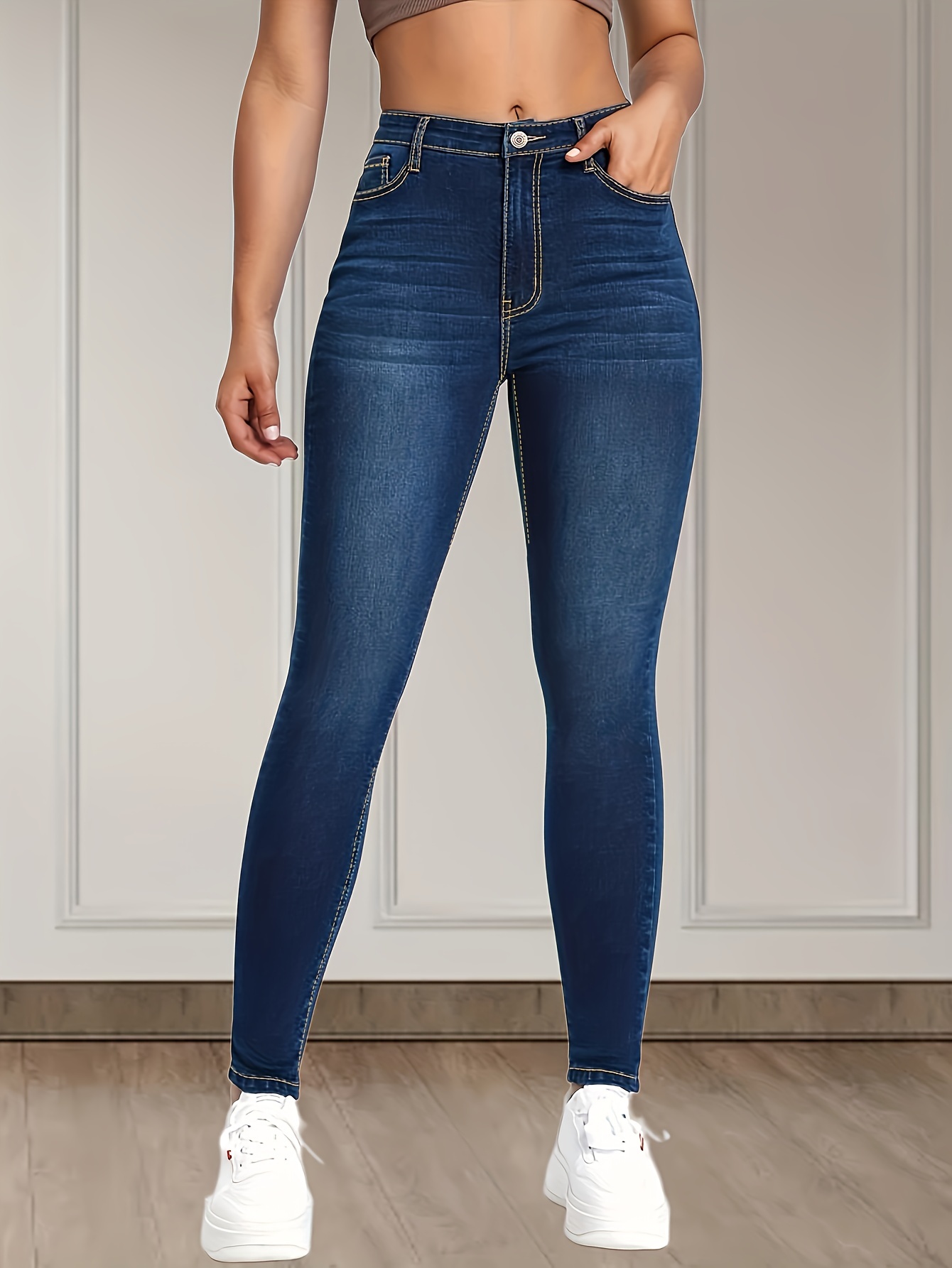 Dark Blue High Stretch Skinny Jeans, Slim Fit Slant Pockets Versatile Tight  Jeans, Women's Denim Jeans & Clothing