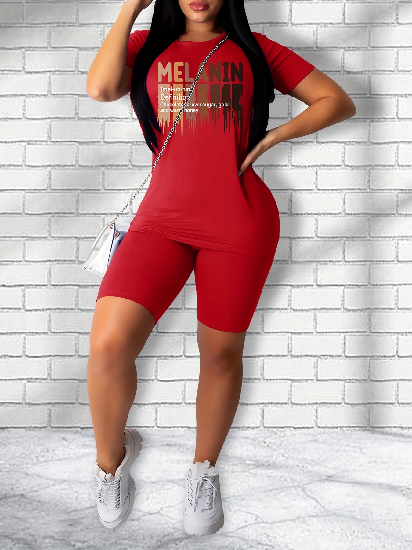 Casual Workout Two piece Set Melanin Letter Print Short Tee - Temu