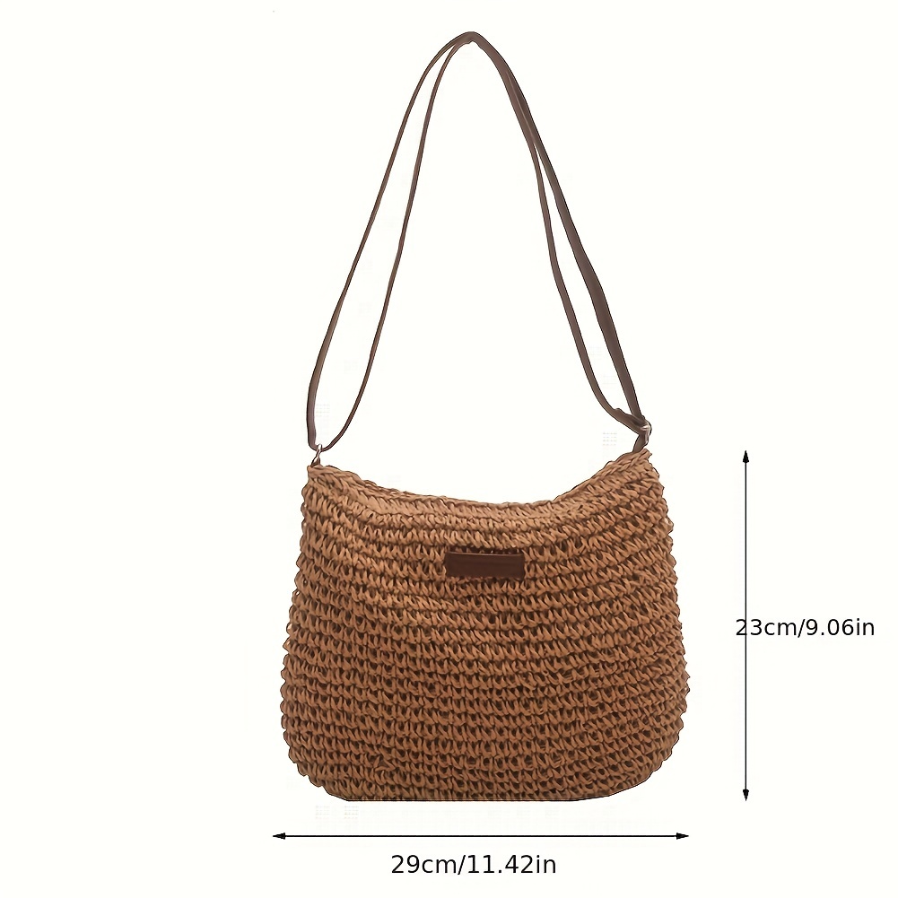 Patch Leather Woven Straw Shoulder Bag Zipper Beach Crossbody Bag