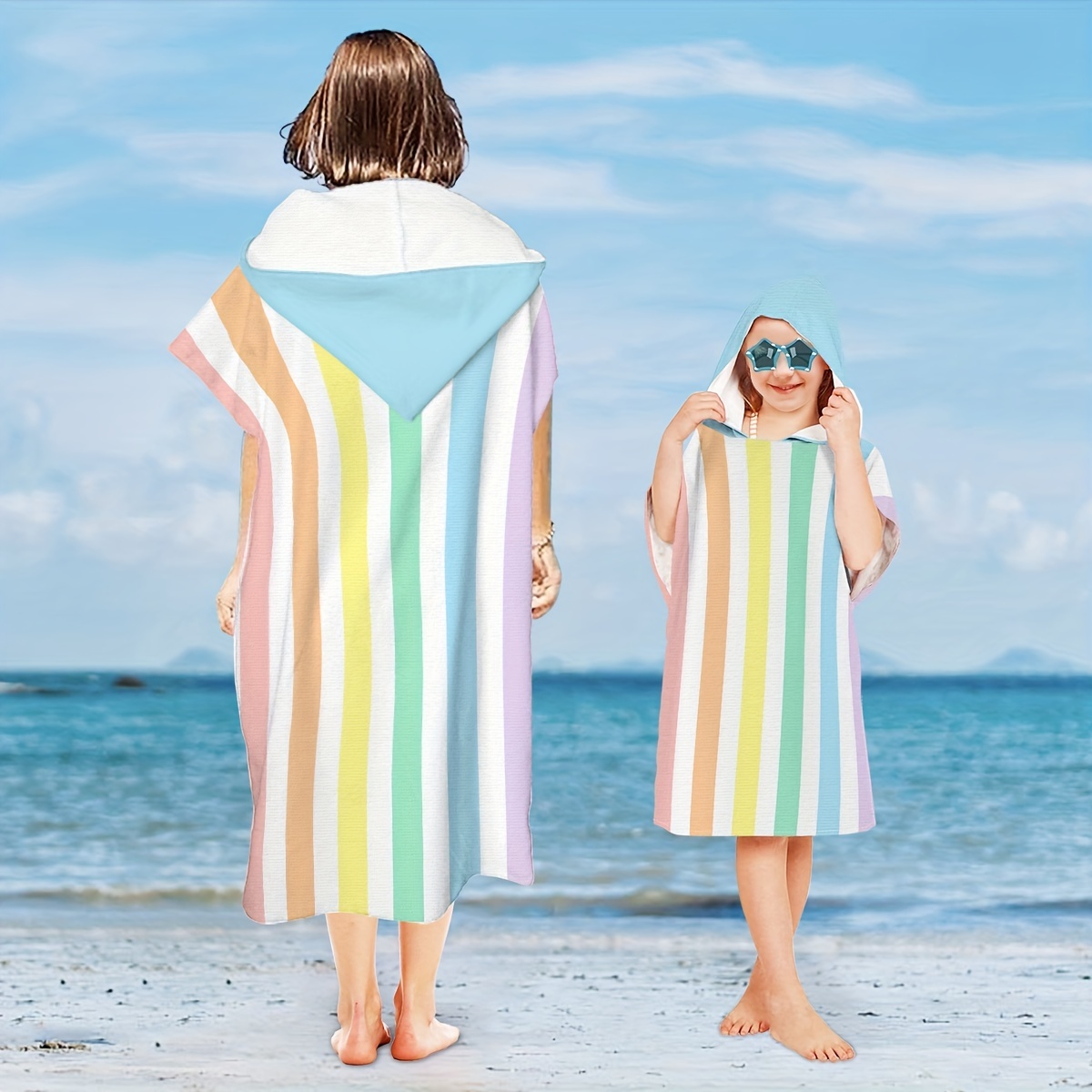 1pcカラフルストライプマイクロファイバーフード付きバスタオル、大人と子供のためのビーチバスローブ、家庭用バスルームビーチ用吸収バスラップタオル、ビーチ必需品