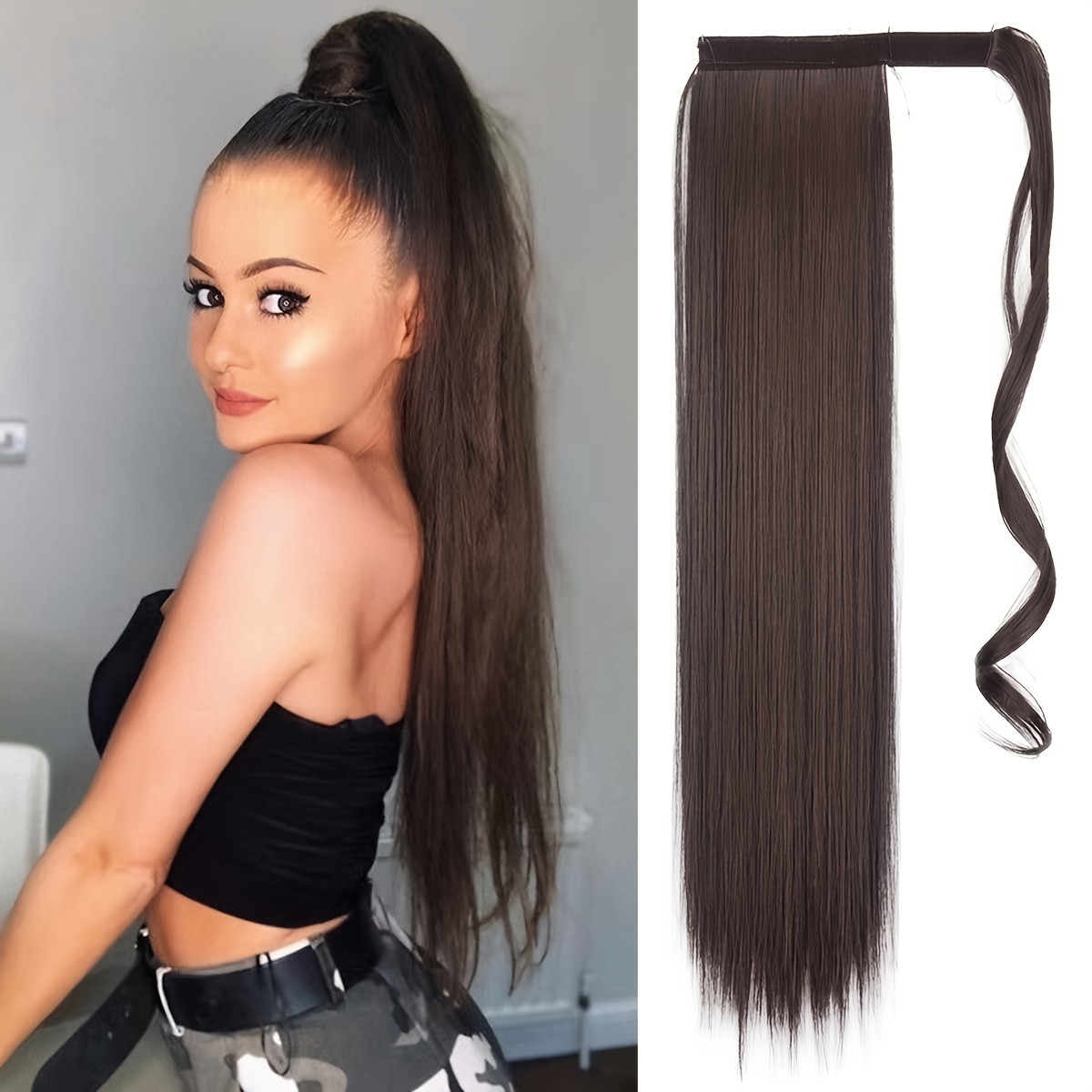 1pc Wig Clip Hair Extensions, Straight Hair Extensions Ponytail Black Fluffy Thick Synthetic Ponytails, Natural Ponytail for Women,Temu