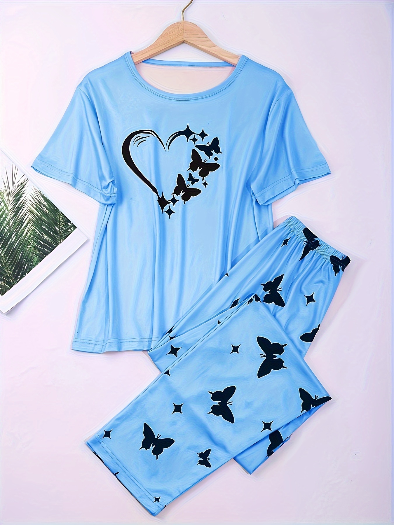 Heart Butterfly Print Pajama Set Comfort Short Sleeve Top - Temu Canada