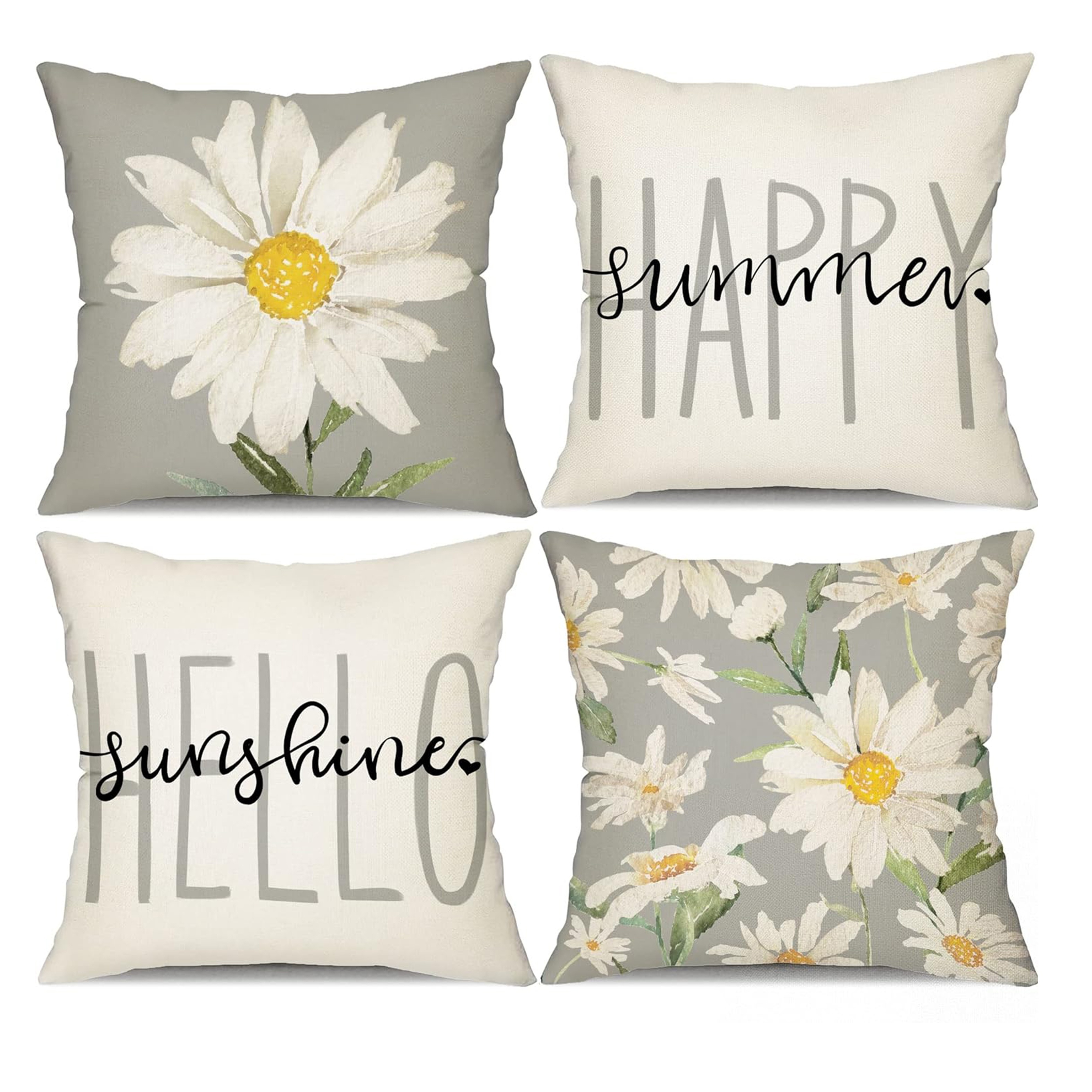 

4pcs, Summer Pillow Covers Watercolor Daisy Summer Décor White And Grey Outdoor Throw Pillow Covers Hello Sunshine Cushion Case Decoration For Sofa Couch Home Decor Room Decor, No Pillow Core
