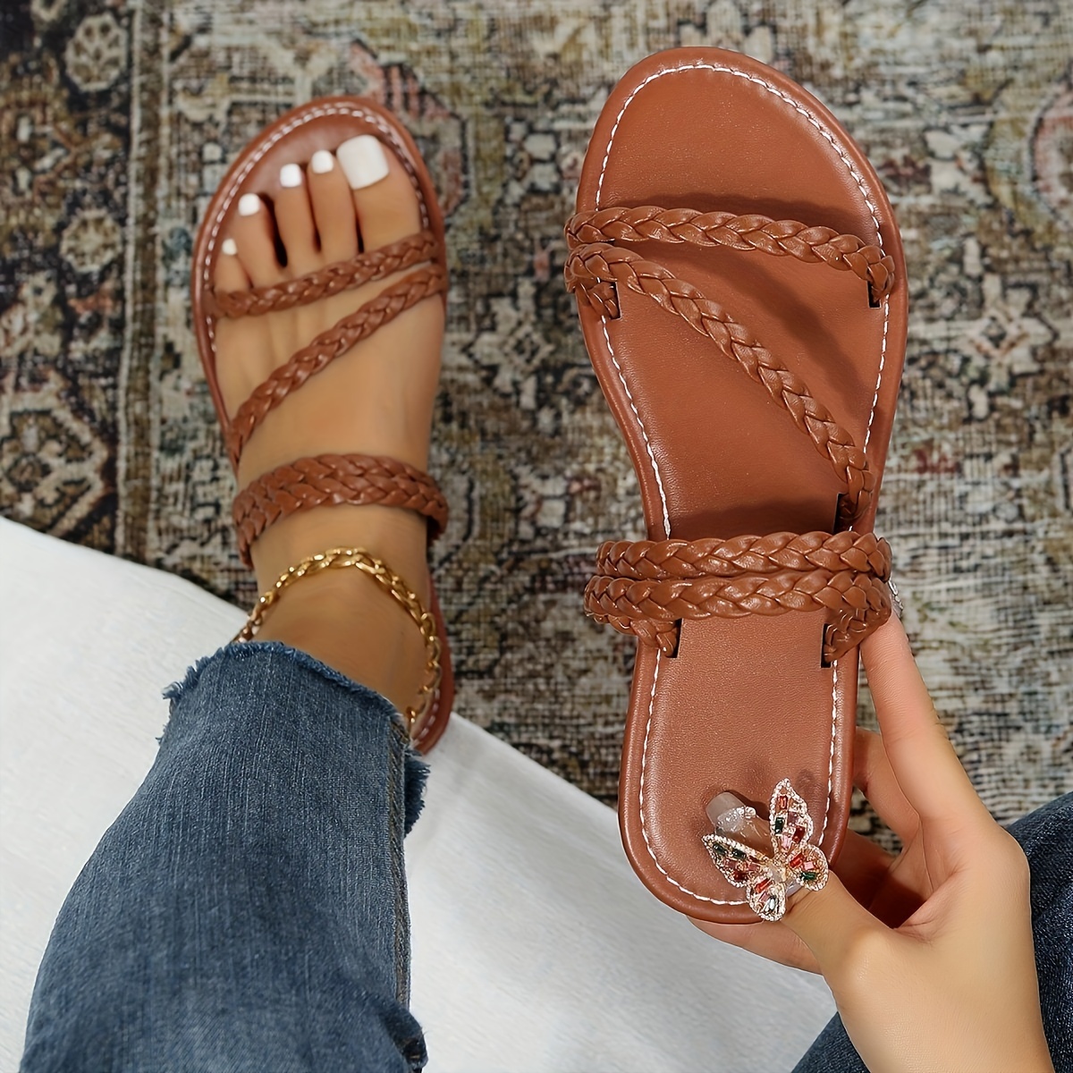 

Women's Solid Color Casual Sandals, Braided Straps Soft Sole Lightweight Flat Slides, Non-slip Summer Slides